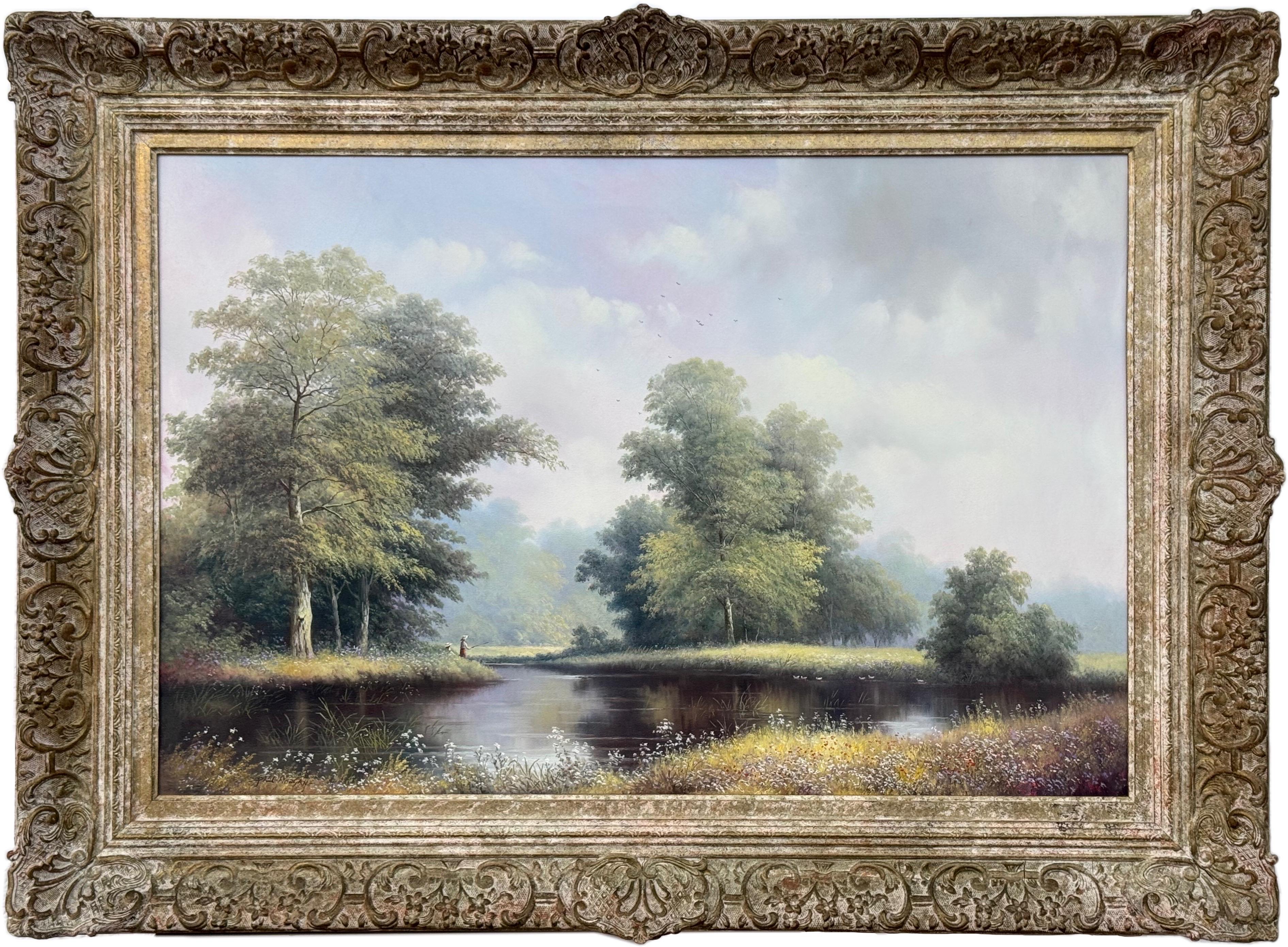 Figurative Painting de Paul Morgan - Pintura vintage de niños pescando en el río Verano en la campiña inglesa