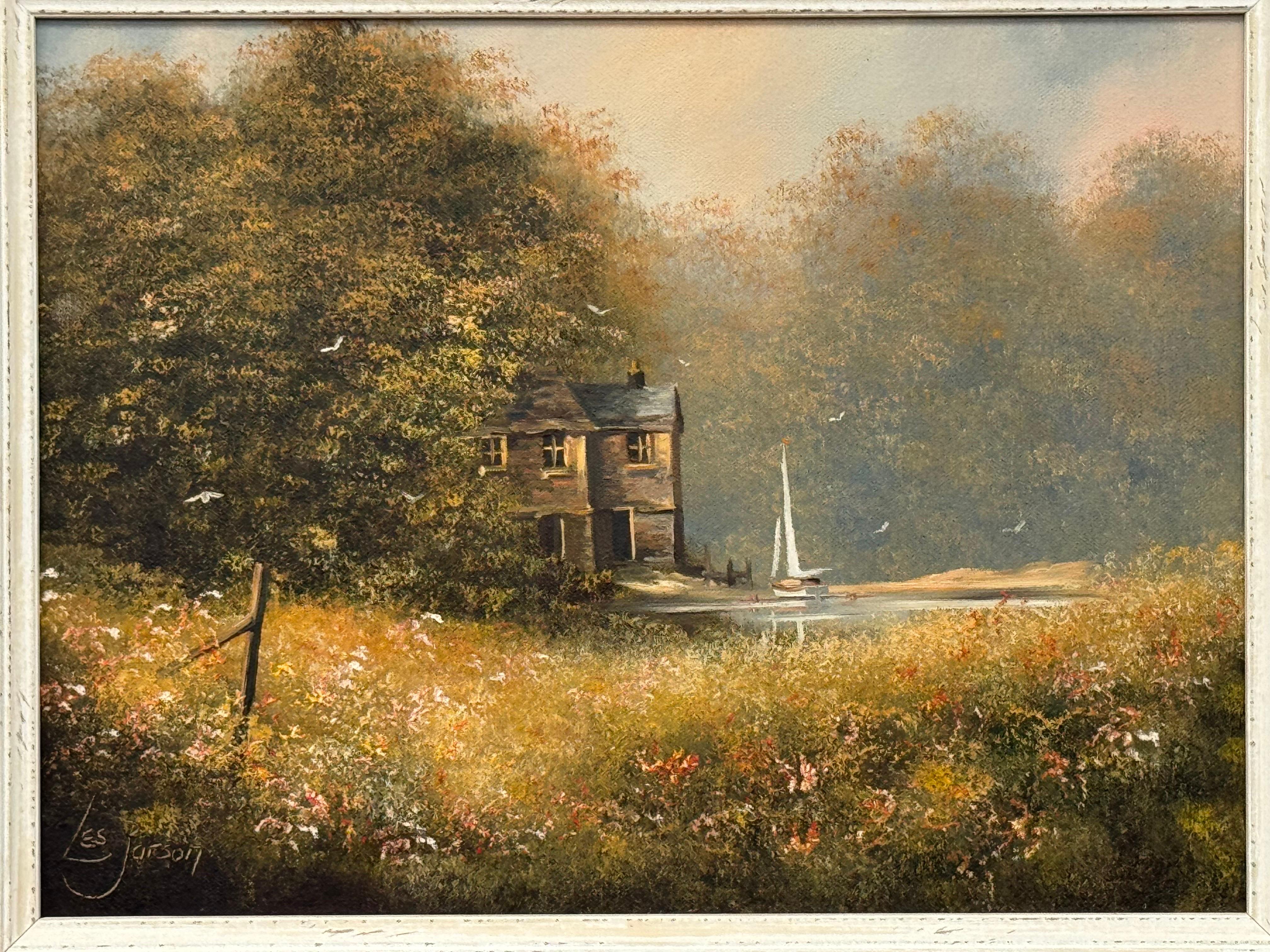 Serene Countryside Landscape with Sailboat & Wild Flowers in the English Countryside by British Artist, Les Parson

Art measures 16 x 12 inches
Frame measures 22 x 18 inches

Serene Countryside Landscape by Les Parson - Original Framed Oil