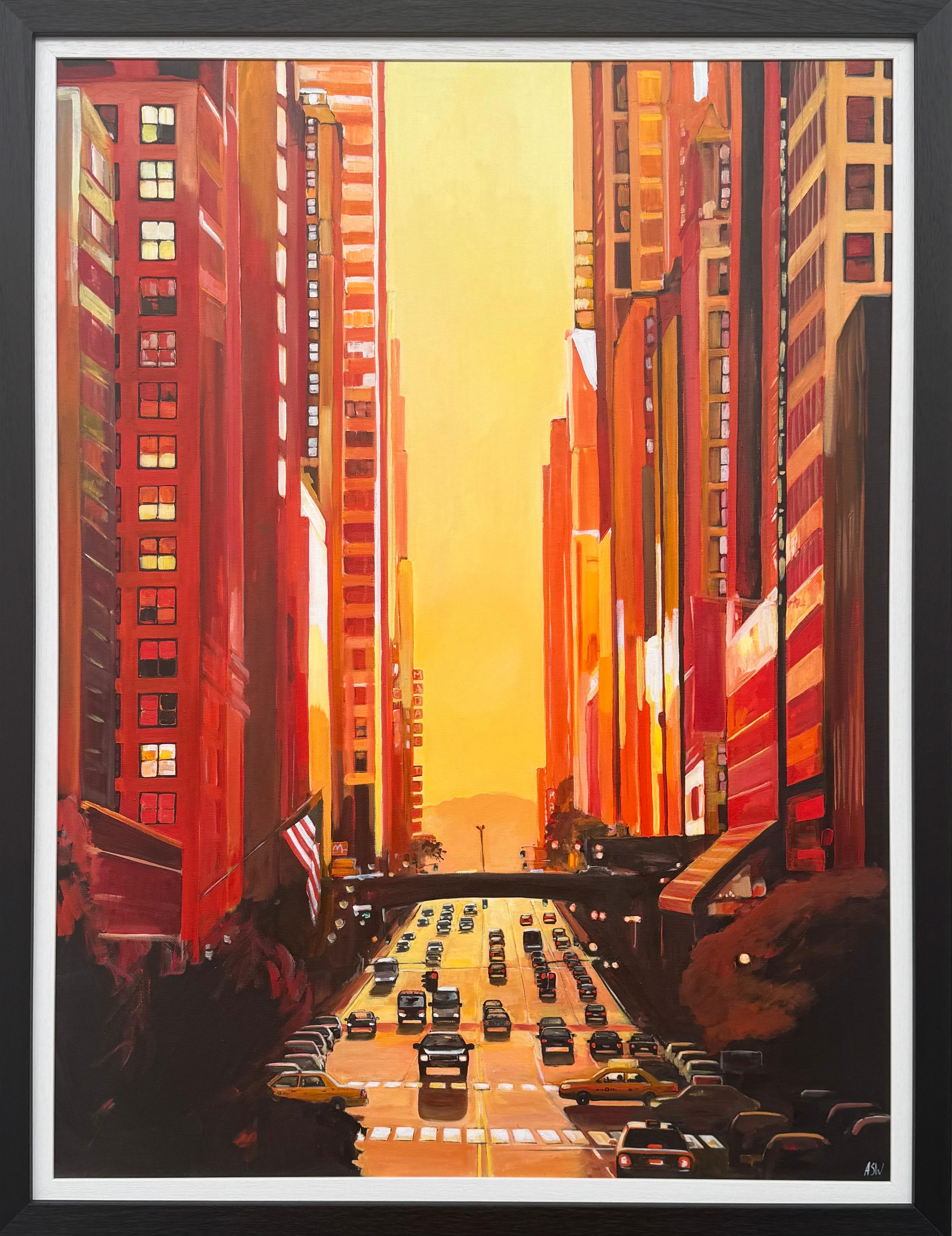 New York City NYC Street Sunshine Paesaggio dipinto dall'artista britannico Cityscape