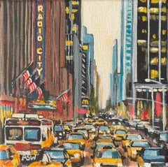 Miniature Painting of Radio City New York with Night Traffic by British Artist