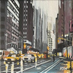 Miniature Painting of New York City Traffic on Rainy Night by British Artist