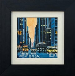 Étude artistique miniature de taxis jaunes à Radio City New York par un artiste britannique