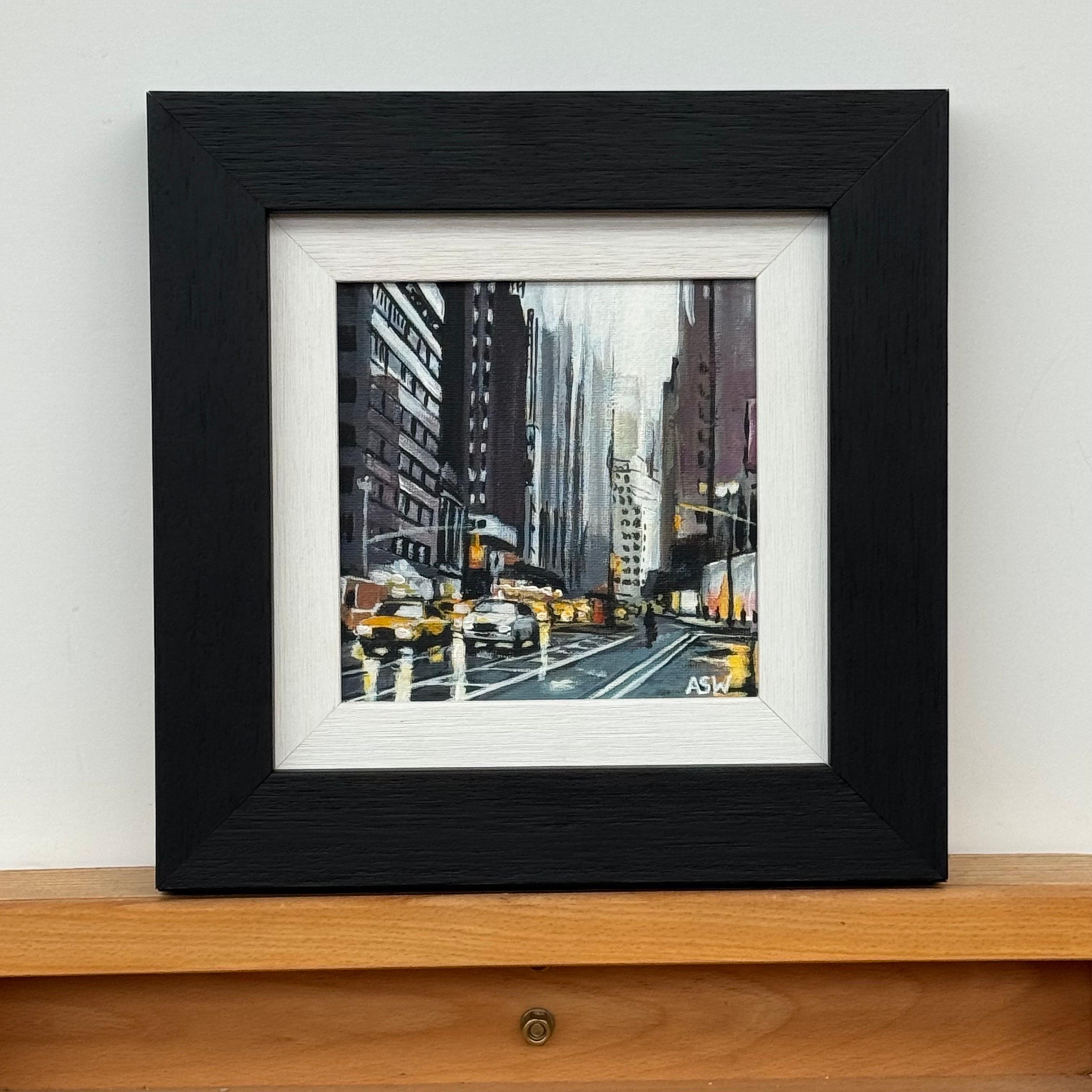 Peinture miniature de la circulation dans la ville de New York par une nuit pluvieuse, réalisée par un artiste britannique en vente 1