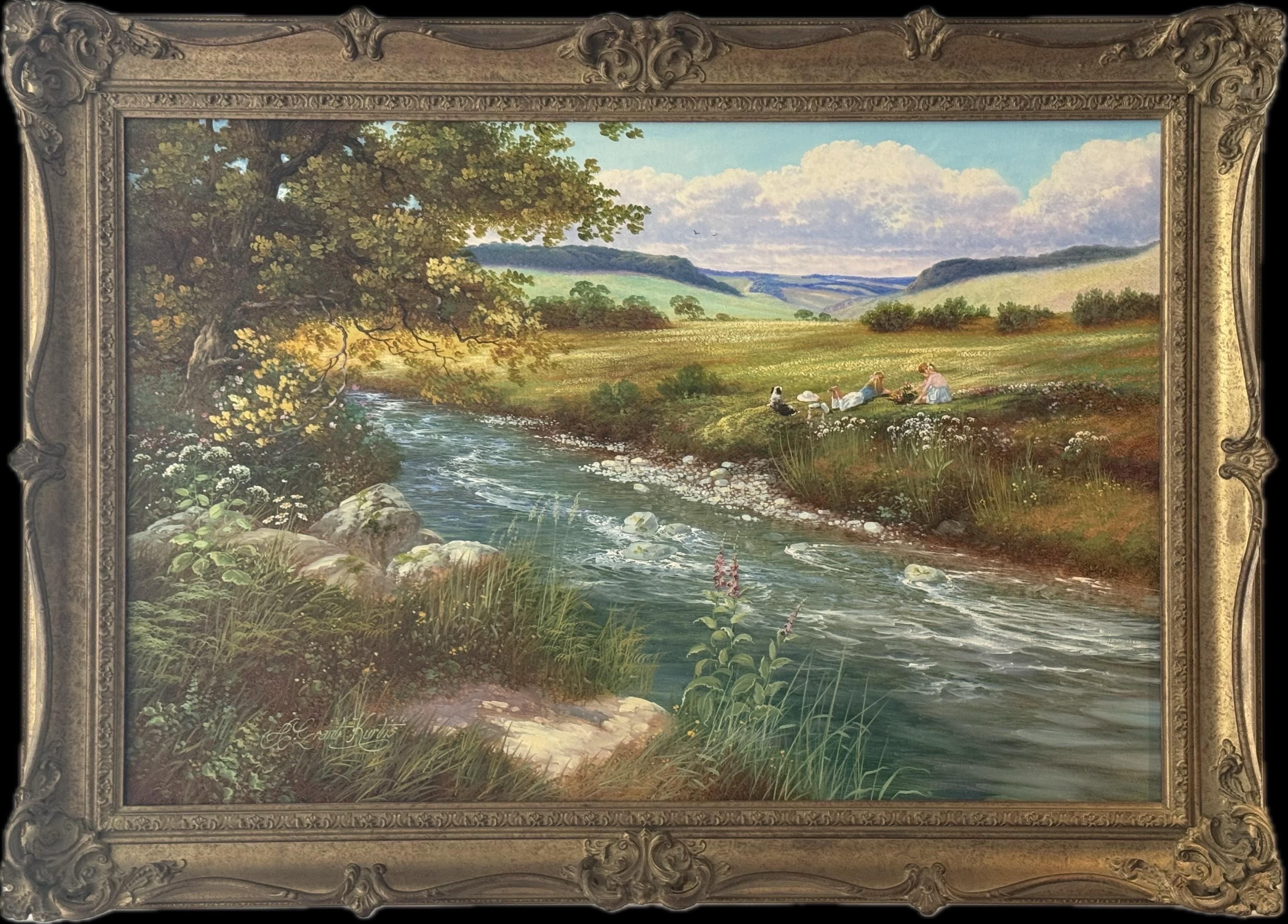 Flussauenlandschaft mit Kindern & Hund bei einem Picknick auf dem englischen Land – Painting von Andrew Grant Kurtis