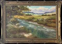 River Meadow Landscape with Children & Dog at a Picnic in English Countryside