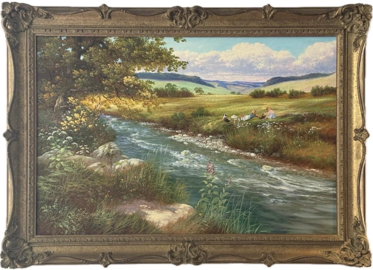 River Meadow Landscape with Children & Dog at a Picnic in English Countryside
