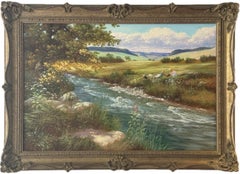 River Meadow Landscape with Children & Dog at a Picnic in English Countryside