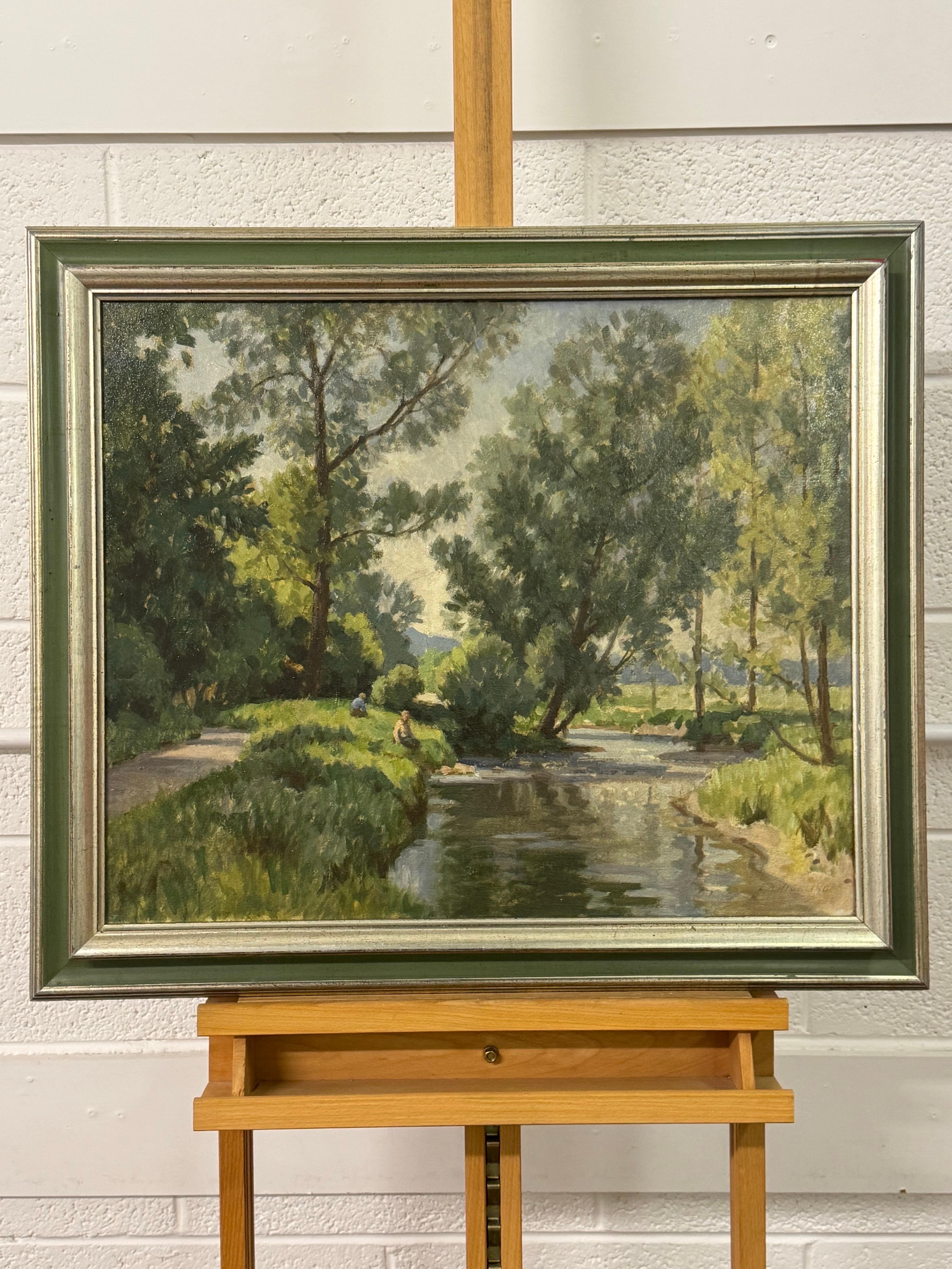 Ölgemälde mit Figuren eines mit Blättern gefütterten Flusses im irischen Sommer des britischen Künstlers im Angebot 1