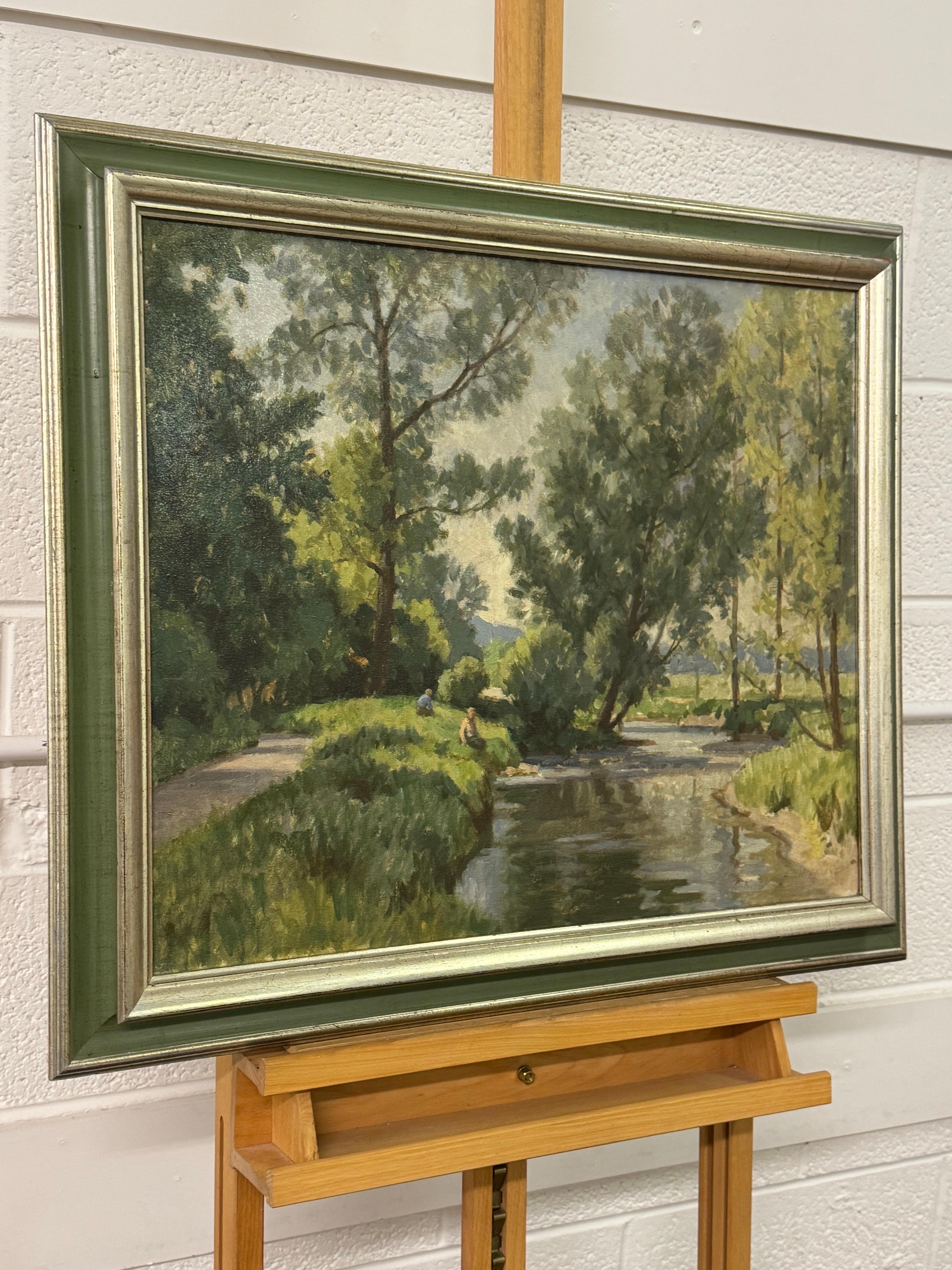 Ölgemälde mit Figuren eines mit Blättern gefütterten Flusses im irischen Sommer des britischen Künstlers im Angebot 2