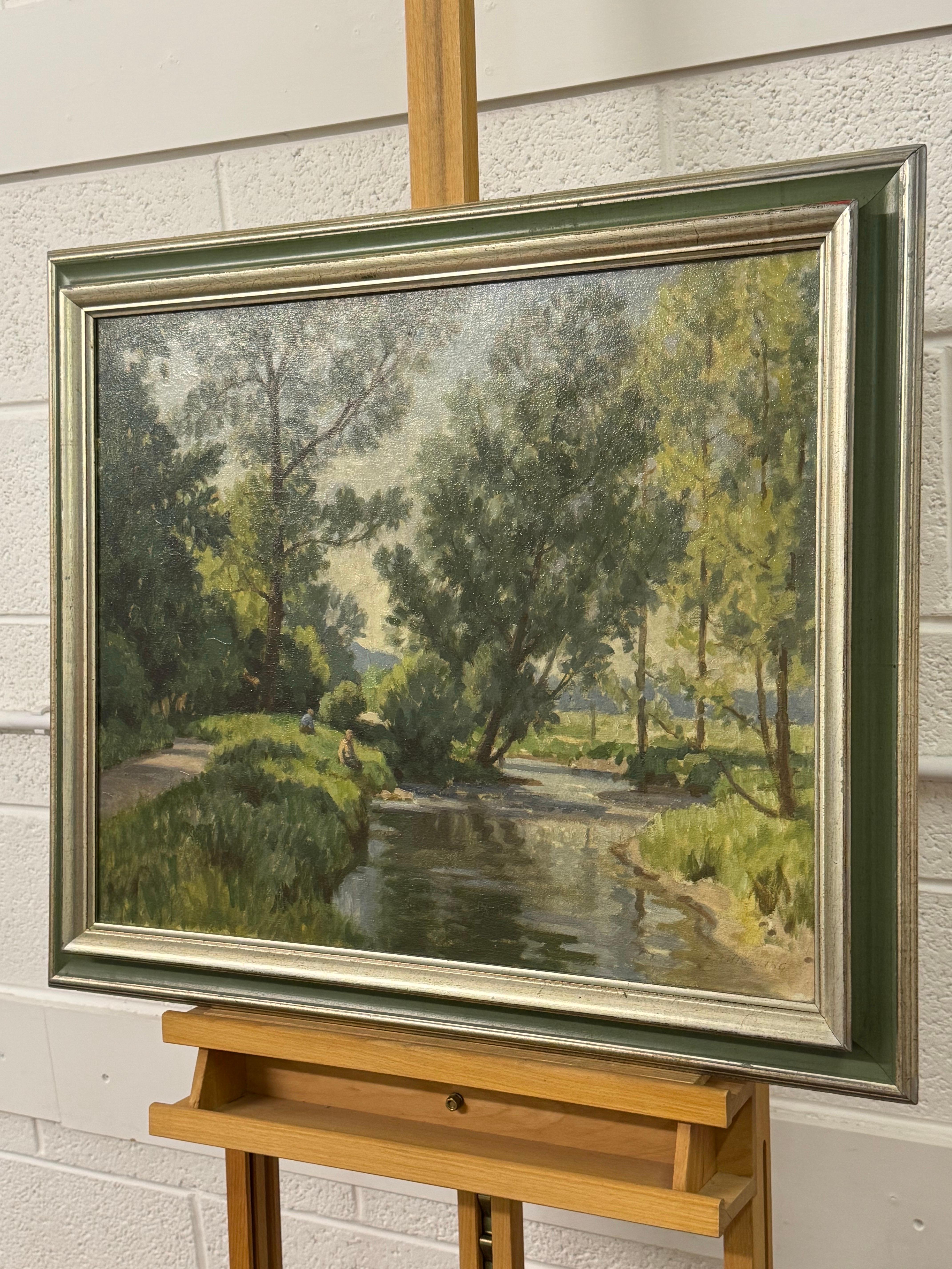 Ölgemälde mit Figuren eines mit Blättern gefütterten Flusses im irischen Sommer des britischen Künstlers im Angebot 3