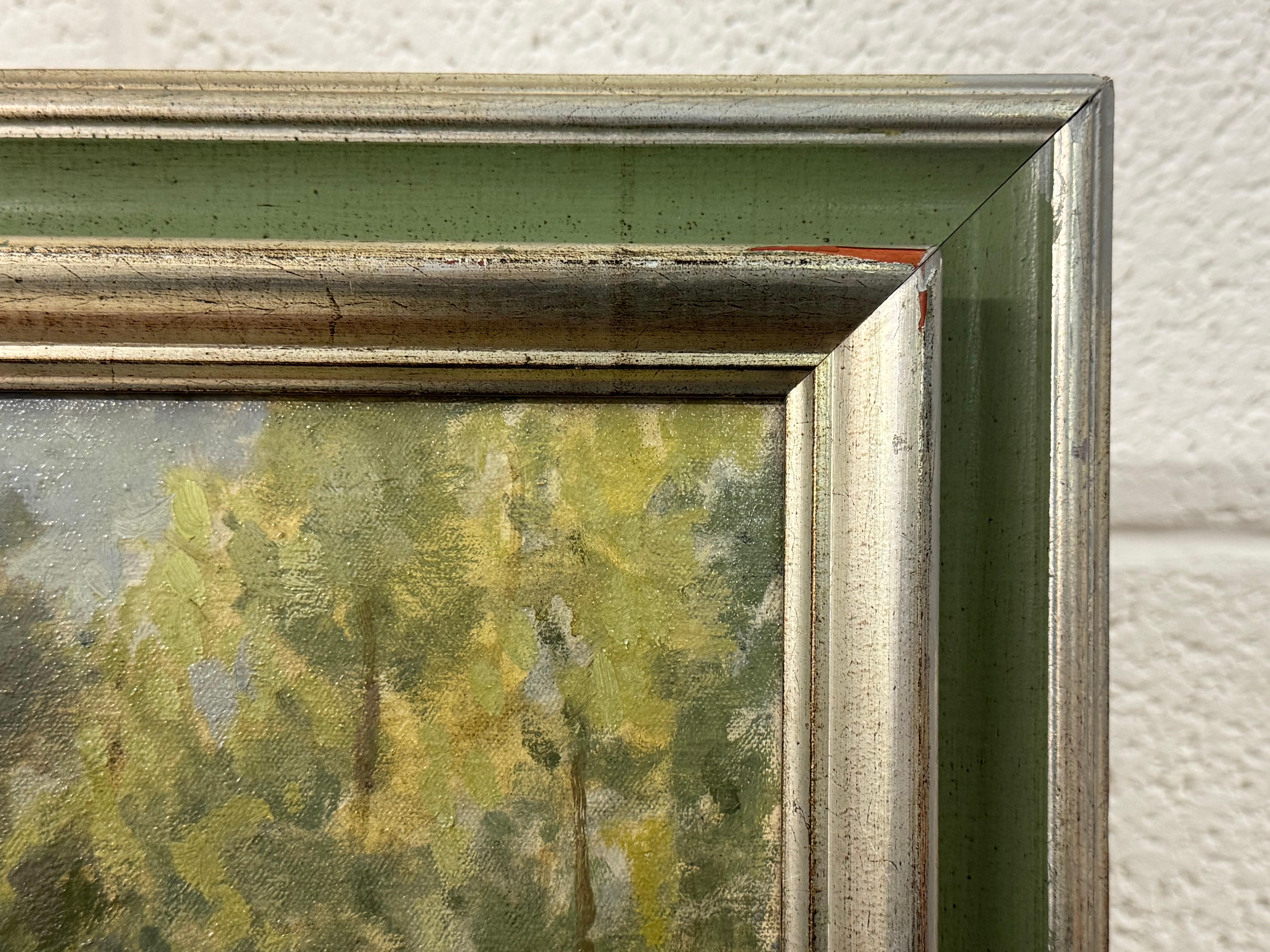 Ölgemälde mit Figuren eines mit Blättern gefütterten Flusses im irischen Sommer des britischen Künstlers im Angebot 5