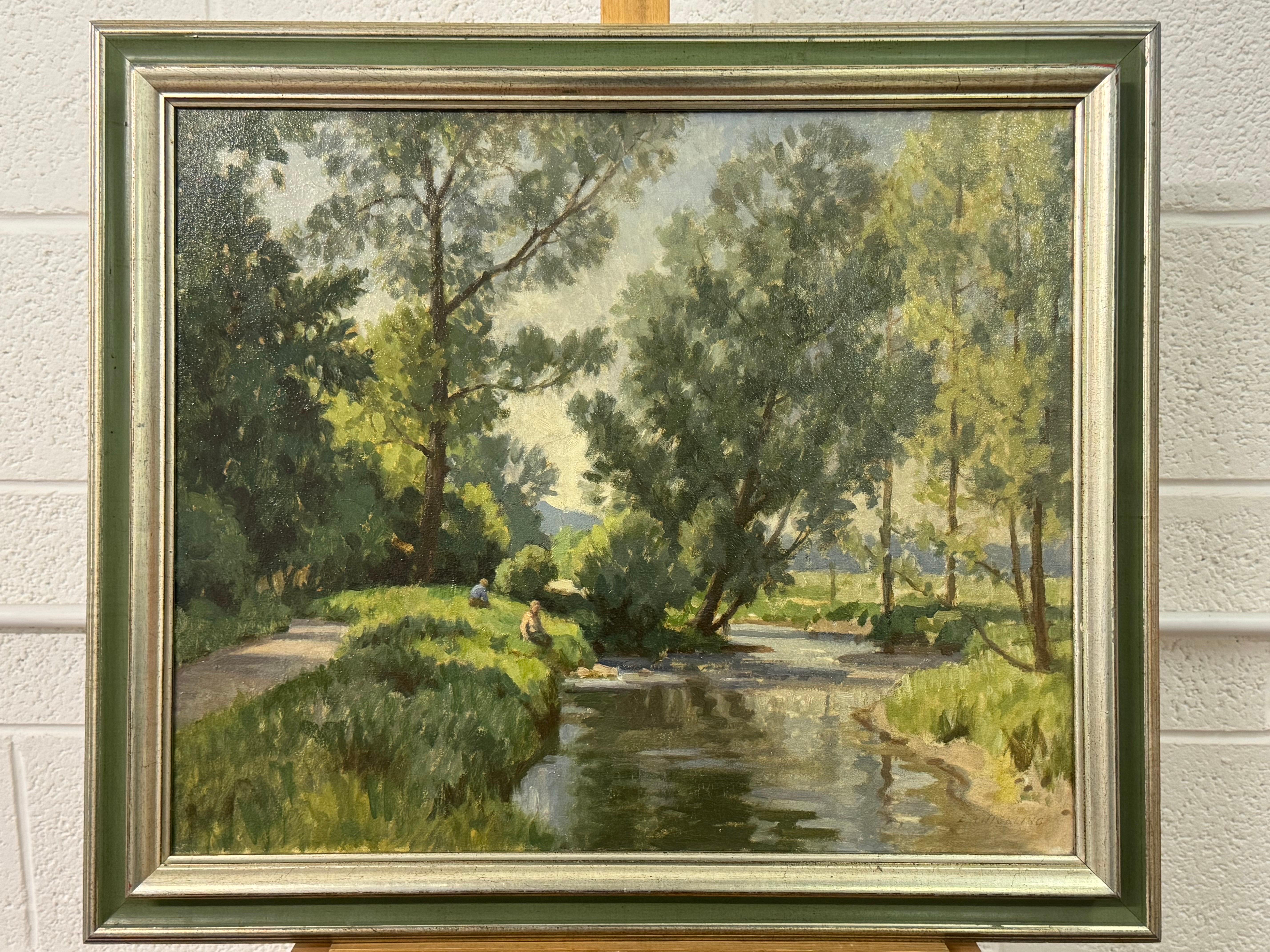 Ölgemälde mit Figuren eines mit Blättern gefütterten Flusses im irischen Sommer des britischen Künstlers im Angebot 4