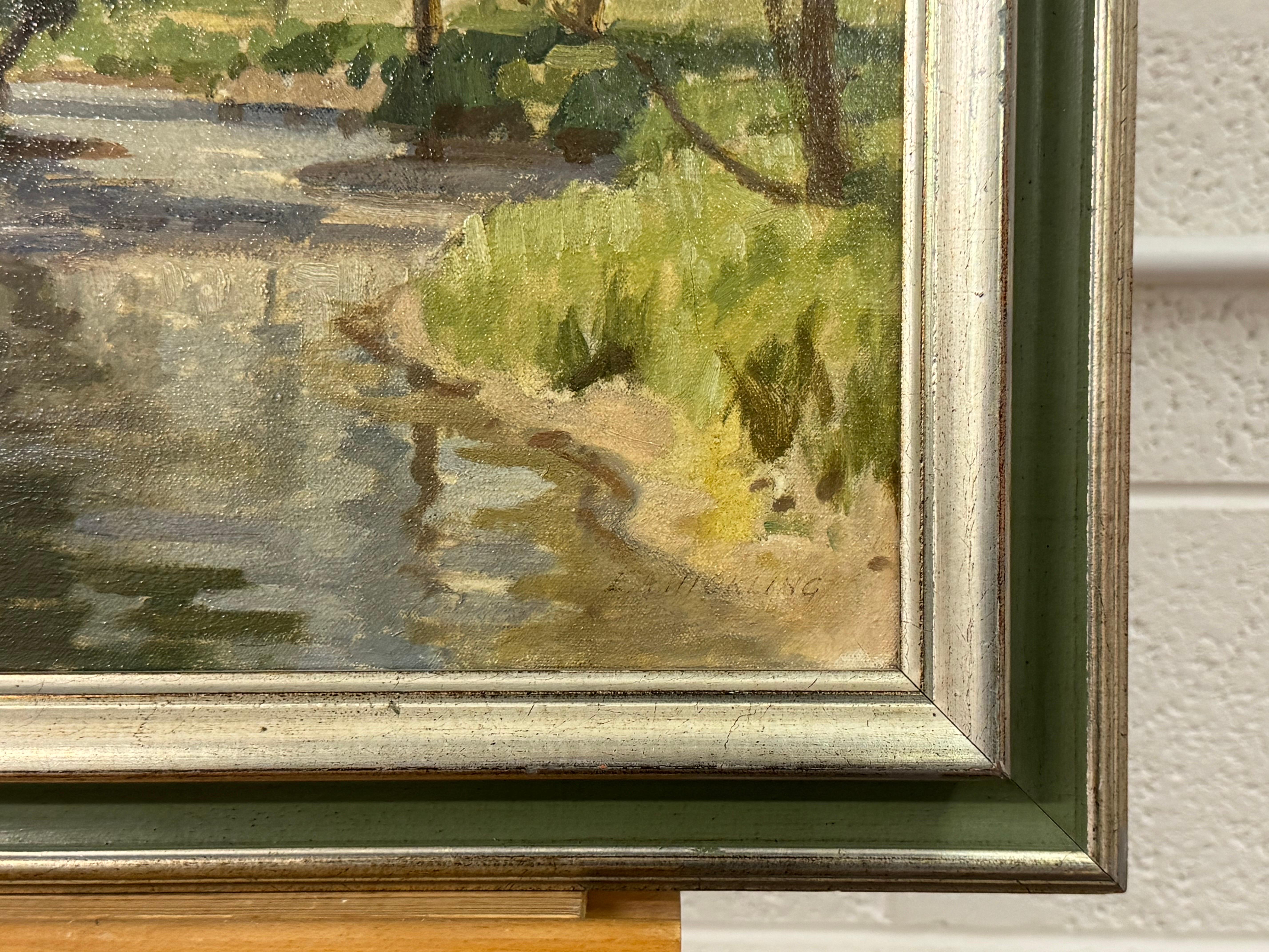 Ölgemälde mit Figuren eines mit Blättern gefütterten Flusses im irischen Sommer des britischen Künstlers im Angebot 6