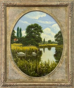 Pair - Ornately framed Oval English River Flower Scenes with Swans, Cows, Sheep