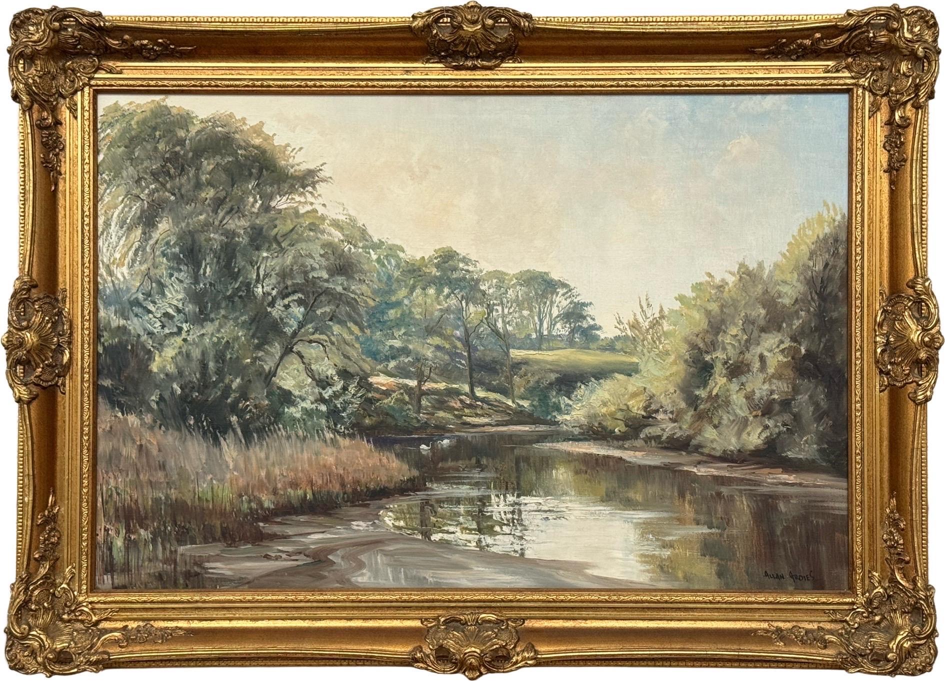 Pintura al óleo vintage de un paisaje fluvial arbolado en la campiña irlandesa