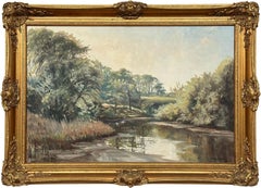 Vintage Oil Painting of a Tree-Lined River Landscape in the Irish Countryside