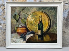 Nature morte à la bouteille de champagne et au raisin, peinture à l'huile d'un artiste du 20e siècle