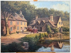 Shire Horses with Cart & Figures outside Farmhouse in the Cotswolds of England