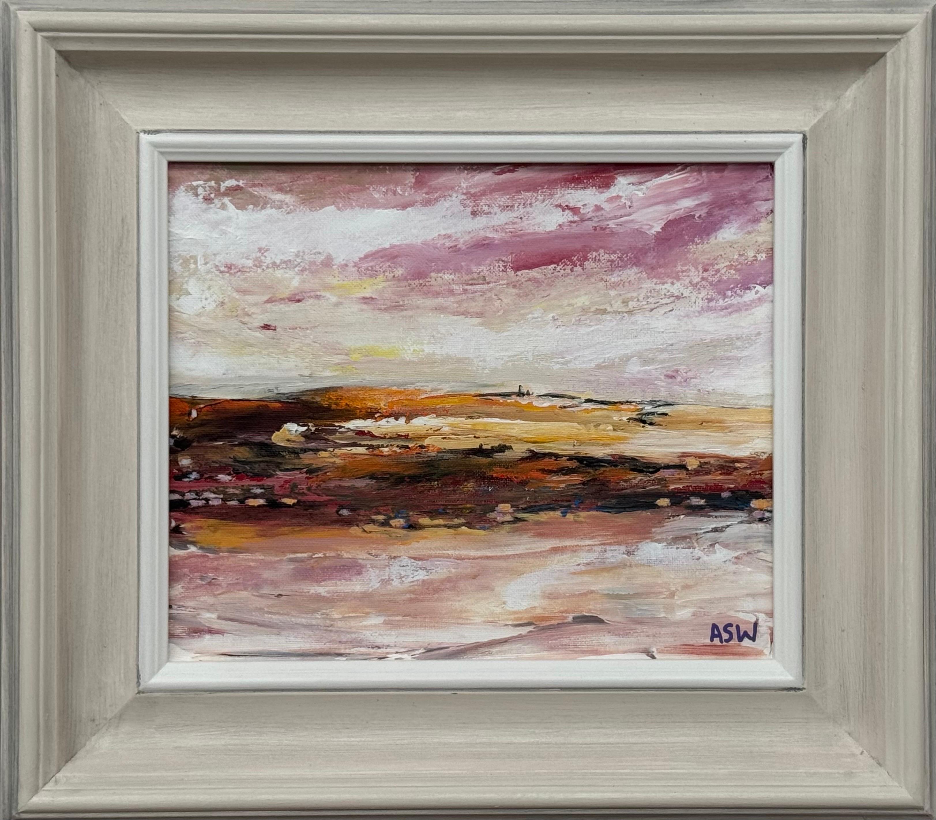 Angela Wakefield Landscape Painting - Golden Dusk - Warm earth tones & soft pink skies evoke a serene evening