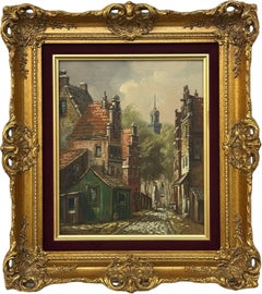 European Village Scene with Figures by Dutch Artist Cor van Eijk (1914–1990)