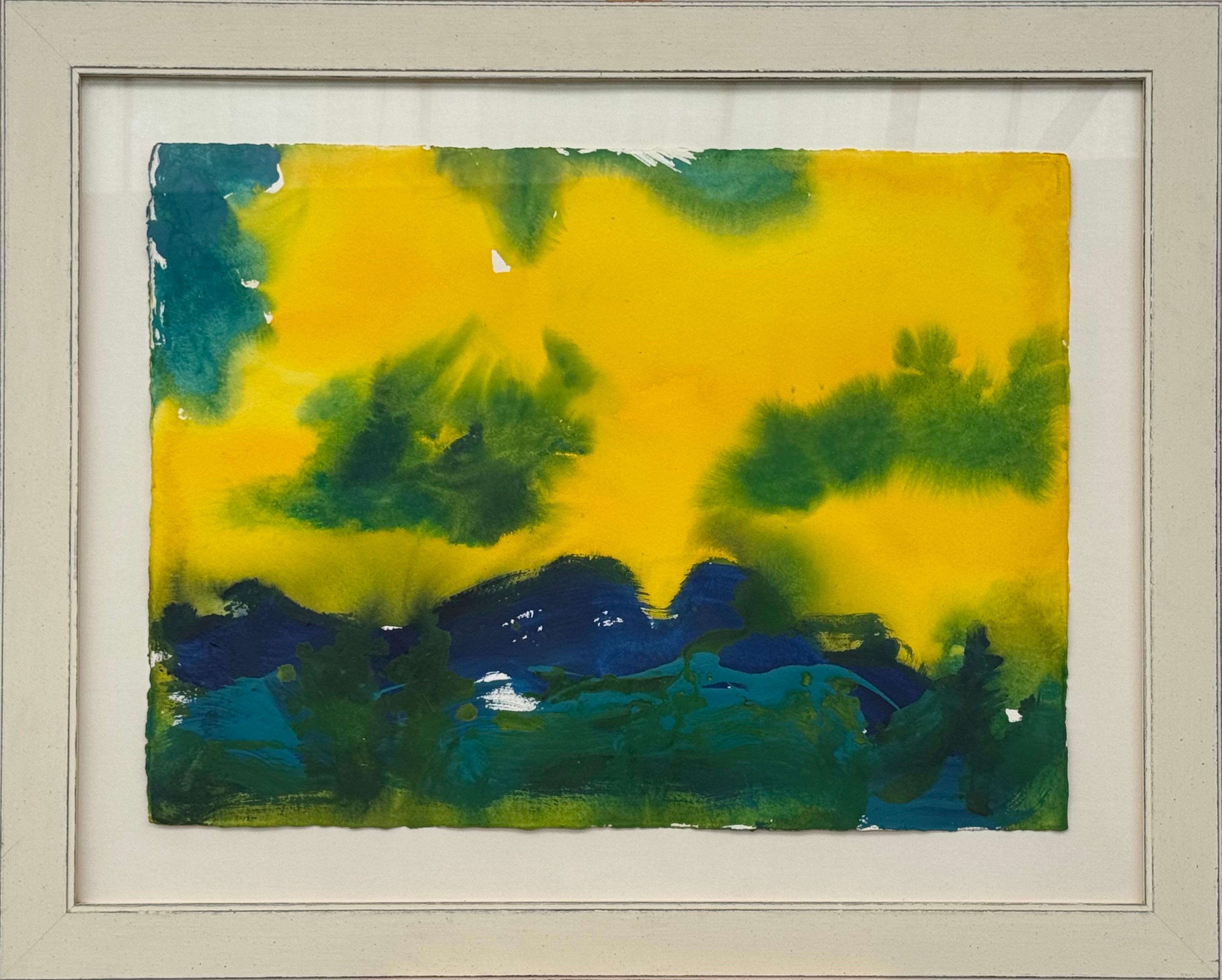 Abstract Drawing Margaret Francis - Santa Barbara, Californie, bleu, jaune et vert, peinture de paysage abstrait moderne