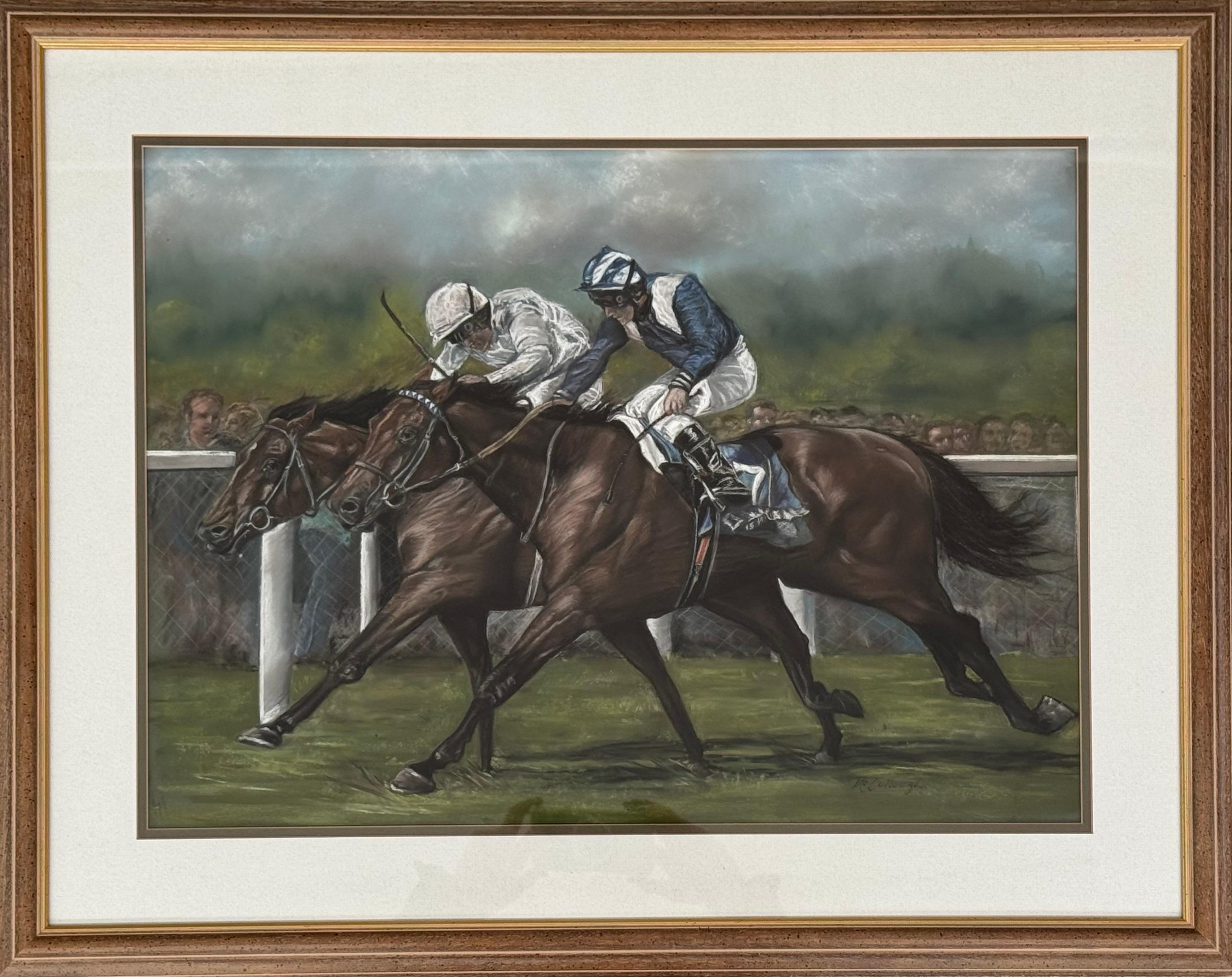 Disegno originale a pastello di una corsa di cavalli al Royal Ascot 2002 con Golan e Nayef