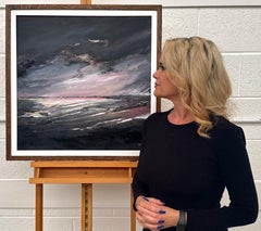 Paisaje marino atmosférico en rosa y negro, óleo sobre lienzo, artista británico