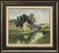 Retro 20th Century Impressionist River Landscape Oil Painting by French Modern Artist