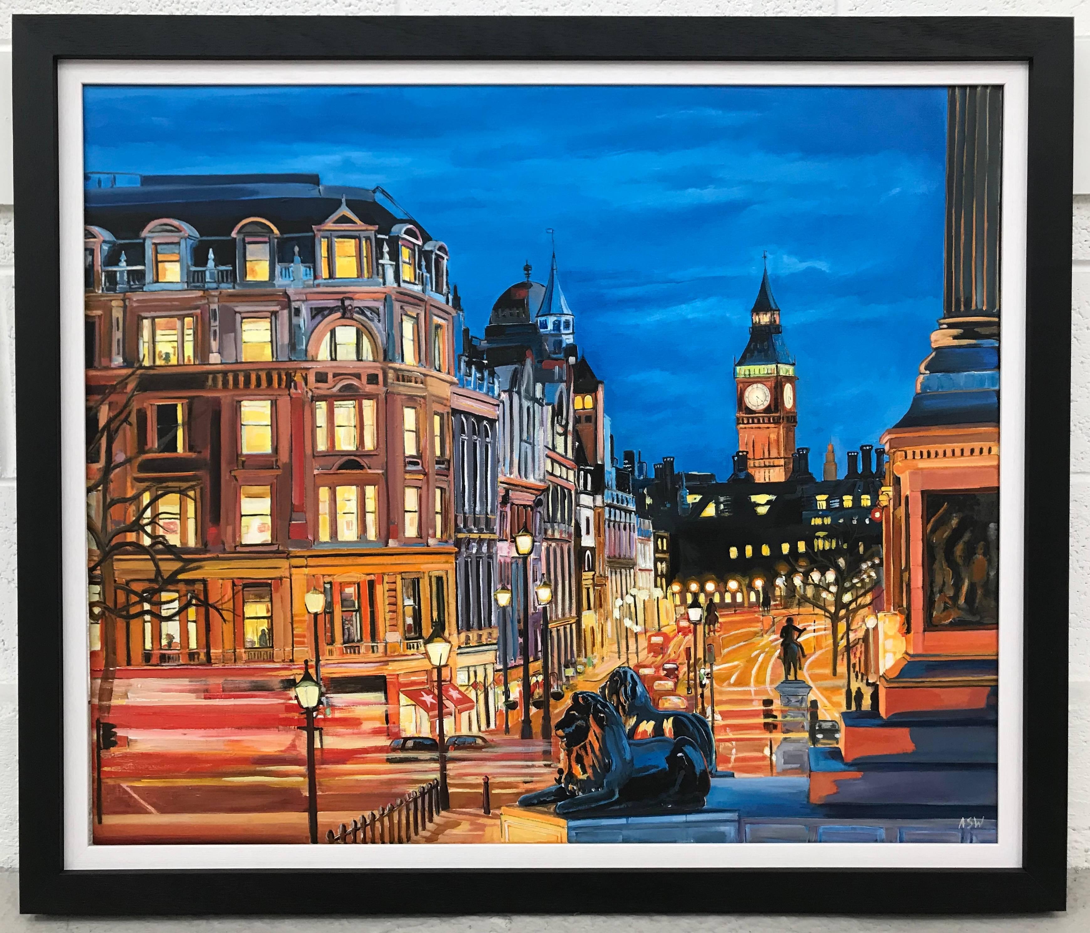 Trafalgar Square, Big Ben, Westminster London by British Cityscape Artist - Painting by Angela Wakefield