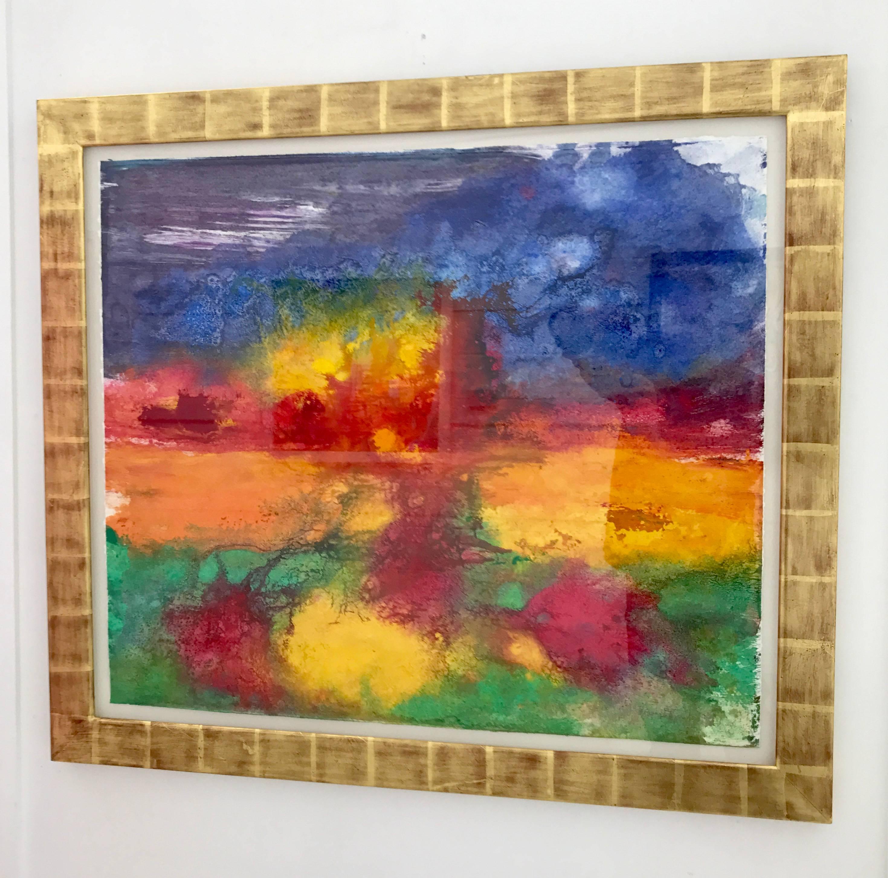 Pittura astratta 36 rosso arancio giallo verde colorata di un artista britannico - Painting di Margaret Francis