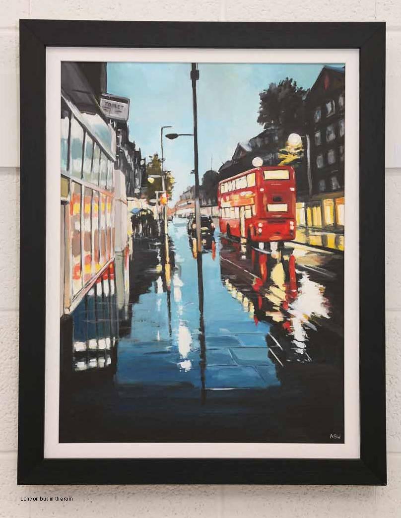 London Bus in the Rain - Cityscape by Leading British Urban Landscape Artist - Painting by Angela Wakefield