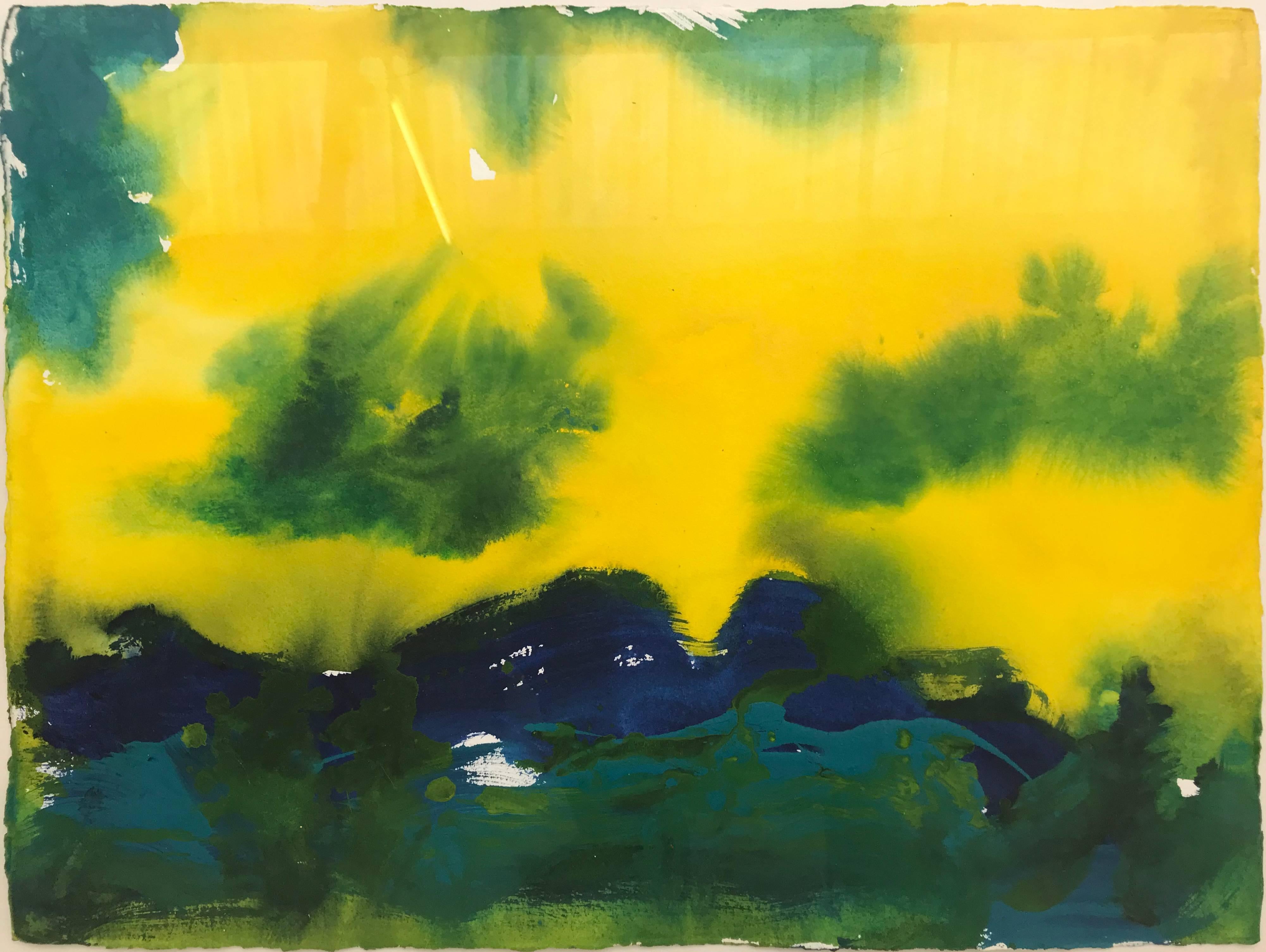 Santa Barbara California Blue Yellow Green Modern Abstract Landscape Painting - Art by Margaret Francis