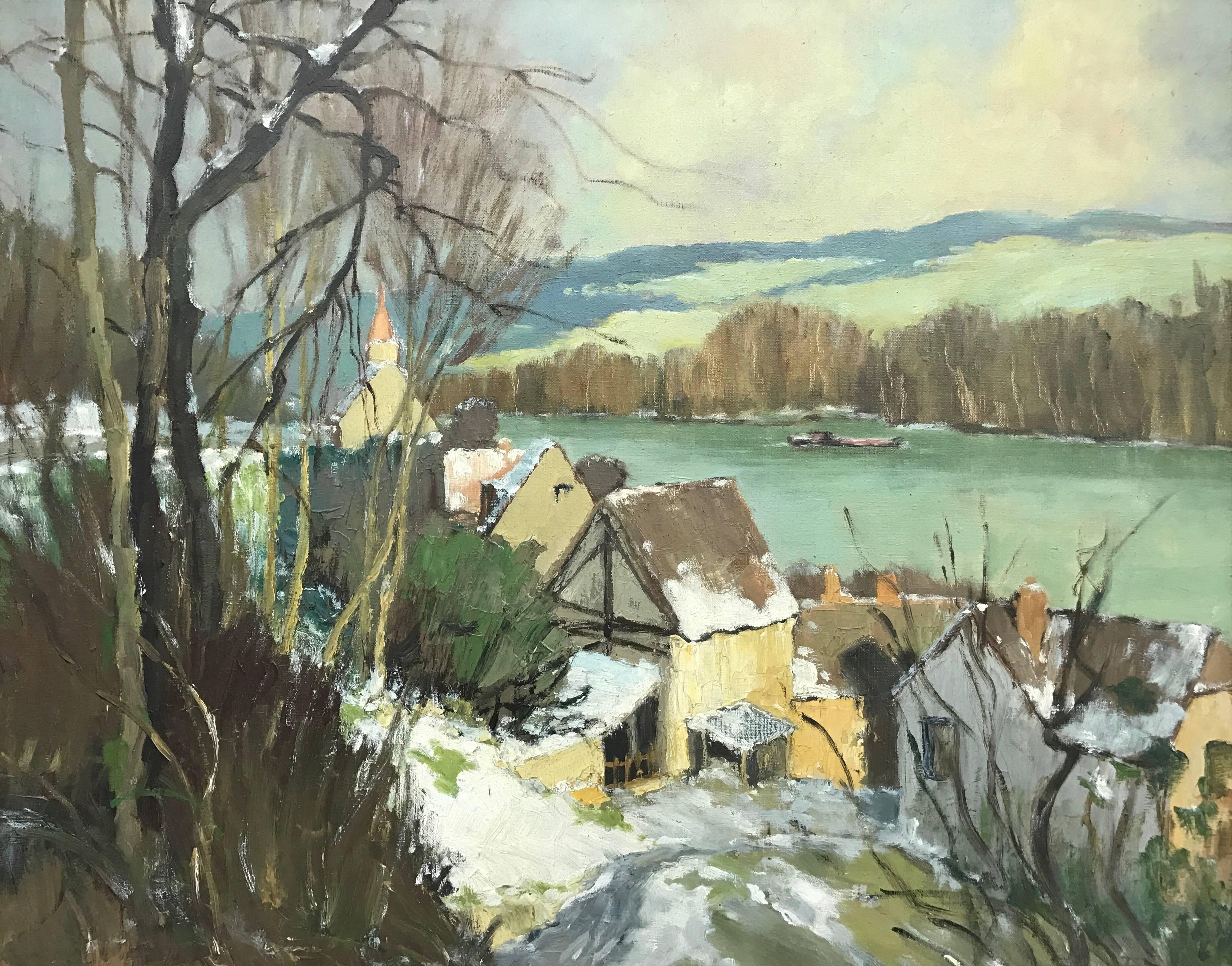 Port-Villez Neige Paisaje francés original Pintura impresionista Paisaje fluvial - Painting de Georges Charles Robin