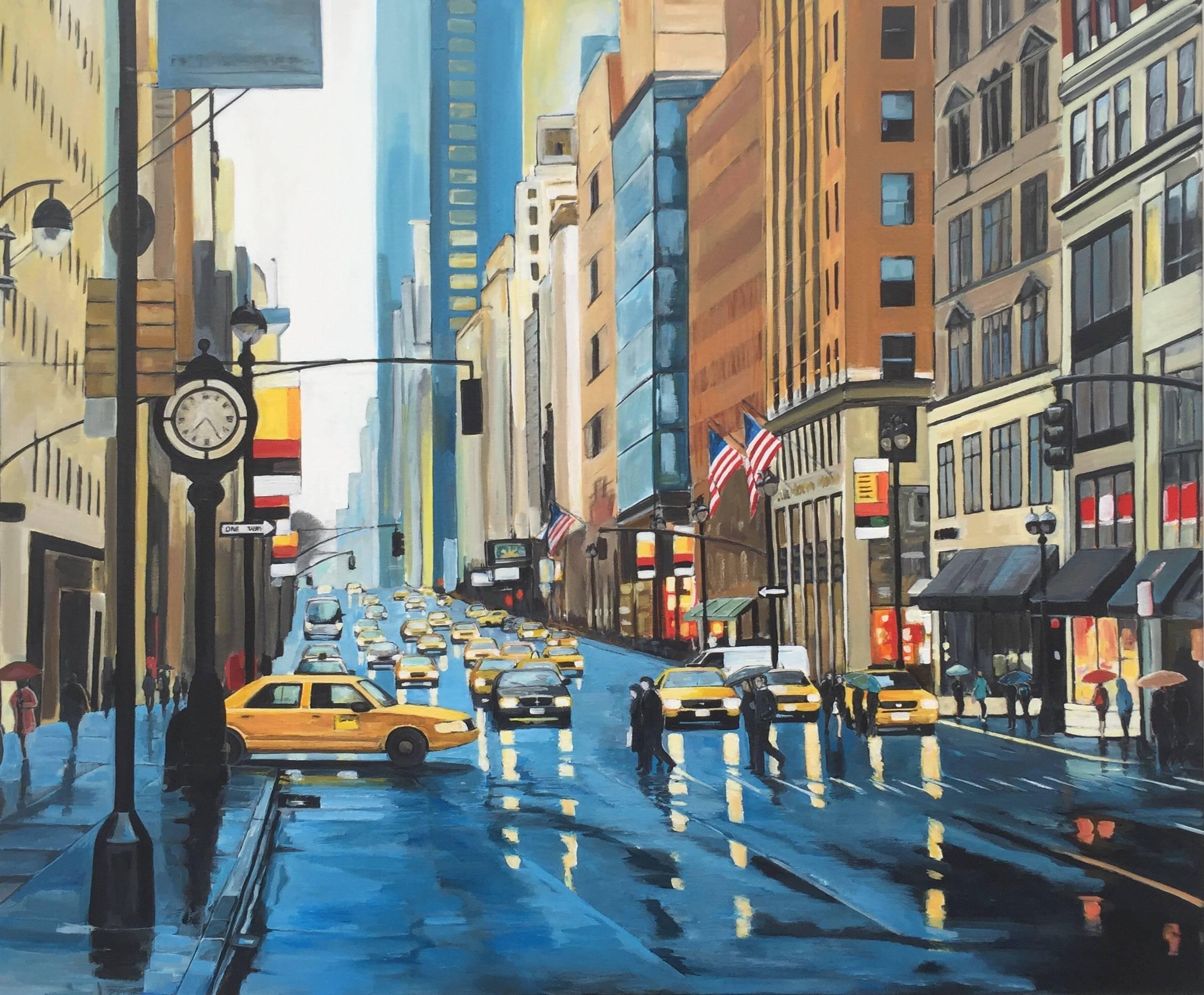 Figurative Painting Angela Wakefield - Peinture de pluie de la rue de Manhattan à New York par l'artiste britannique de paysage urbain:: Royaume-Uni