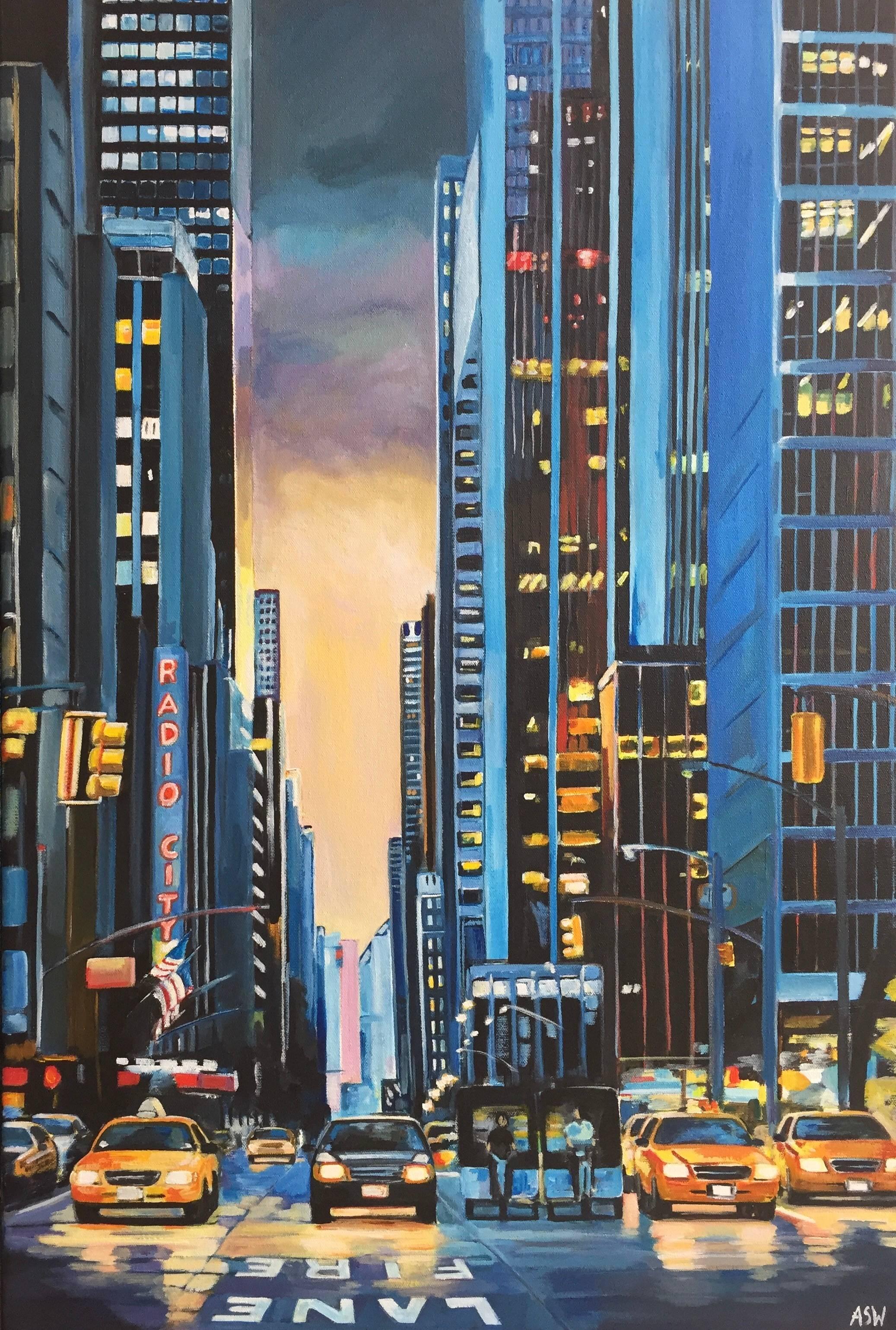 Gemälde von Radio City New York Manhattan NYC von British Urban Landscape:: Künstler (Zeitgenössisch), Painting, von Angela Wakefield