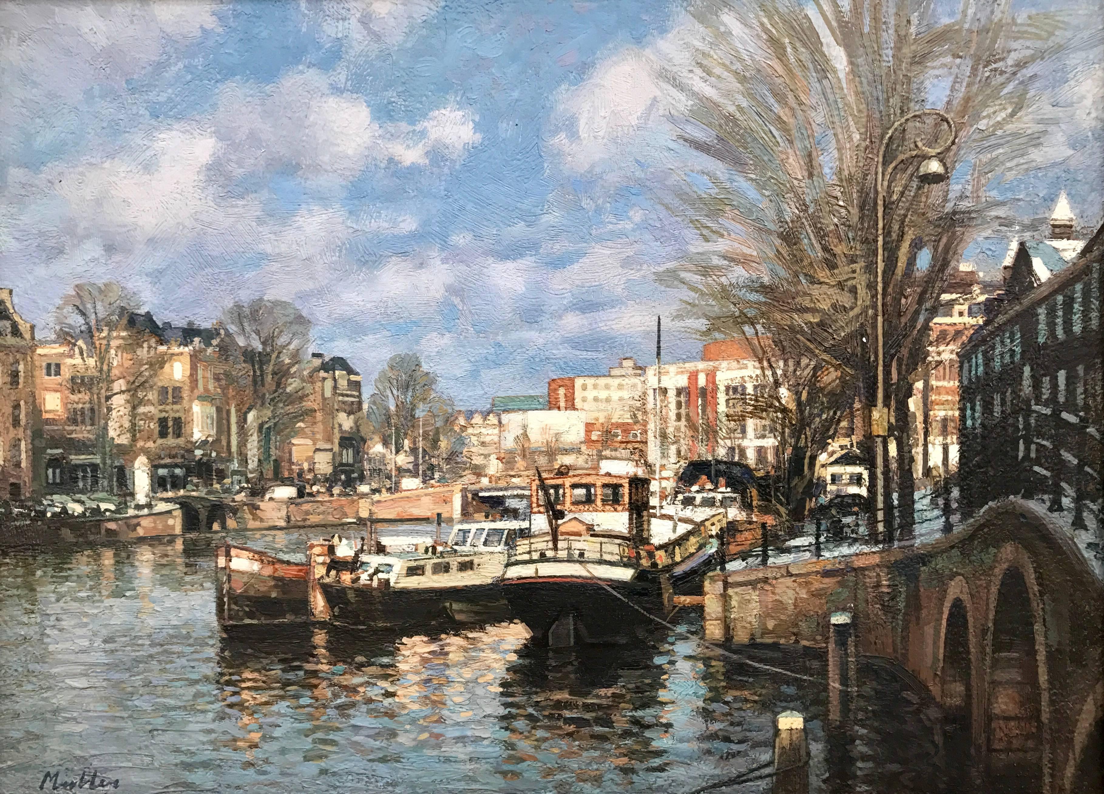 Cees Muller Landscape Painting – Ölgemälde des Amsterdamer Kanals von einem niederländischen Künstler für urbane Landschaften des 20. Jahrhunderts