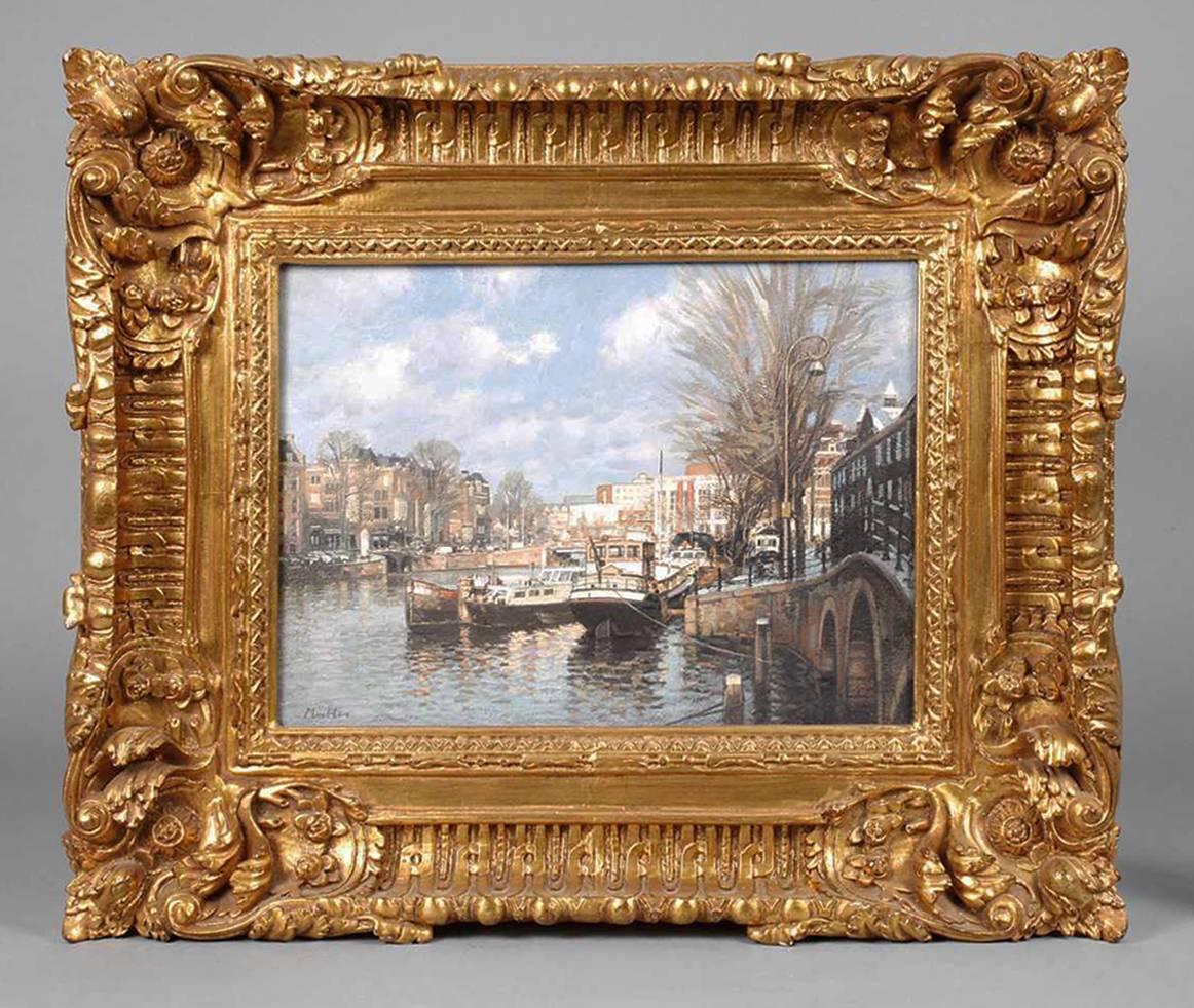Oil Painting of Amsterdam Canal by 20th Century Dutch Urban Landscape Artist 1