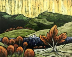 Cumbrian Water Abstract Landscape Red Green Yellow Painting by British Artist