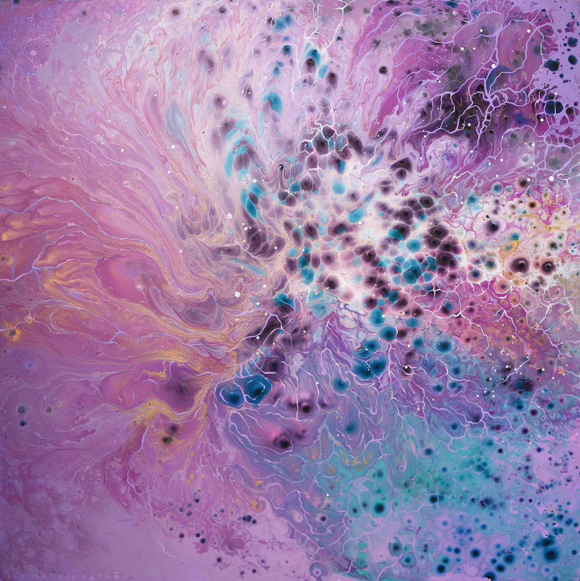 Pink Blue Purple Modern Abstract Atomic Cosmic Fluid Art Painting Swedish Artist