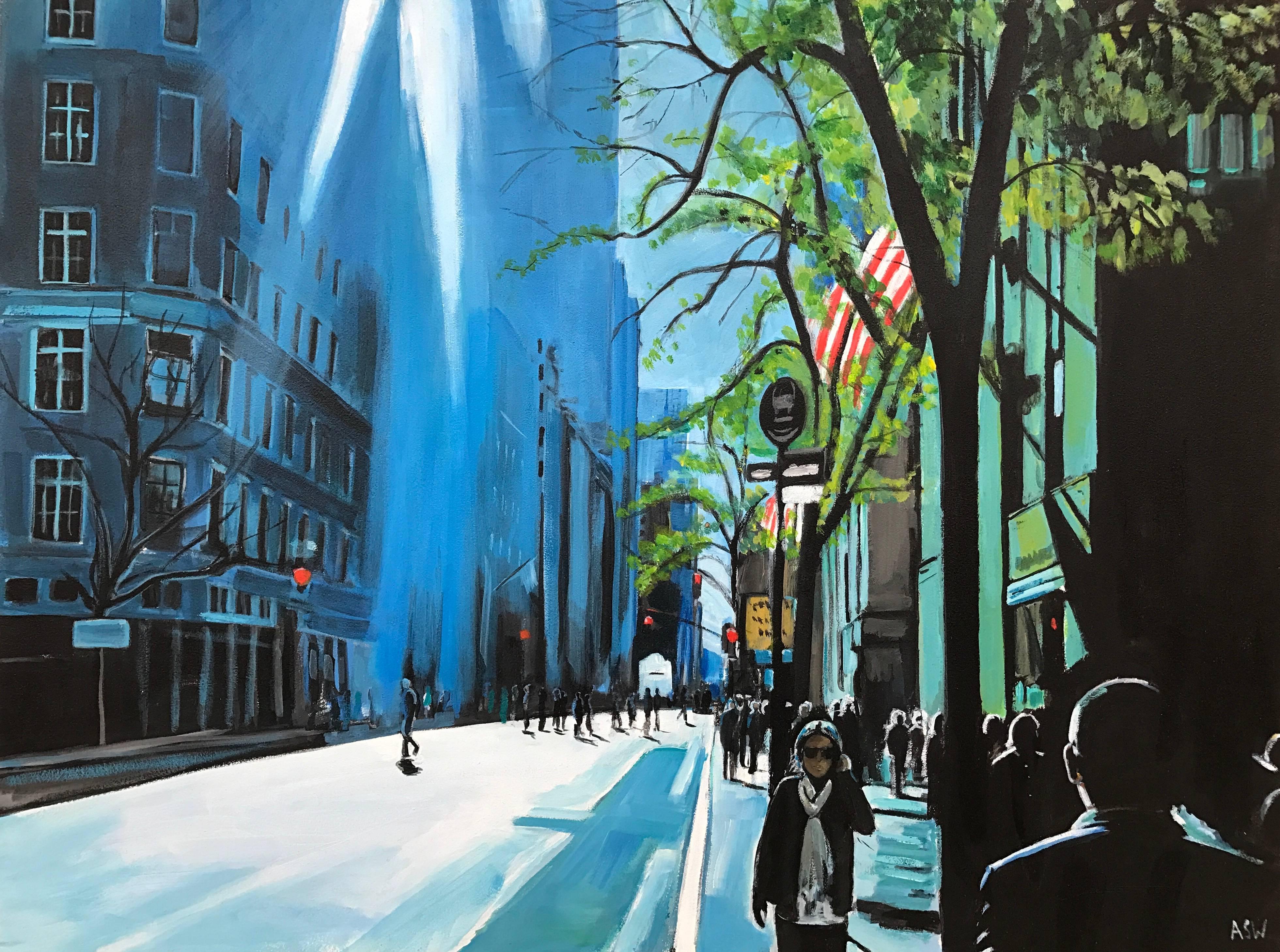 Blue Sky in New York City Sun by British Contemporary Urban Landscape Artist - Young British Artists (YBA) Painting by Angela Wakefield