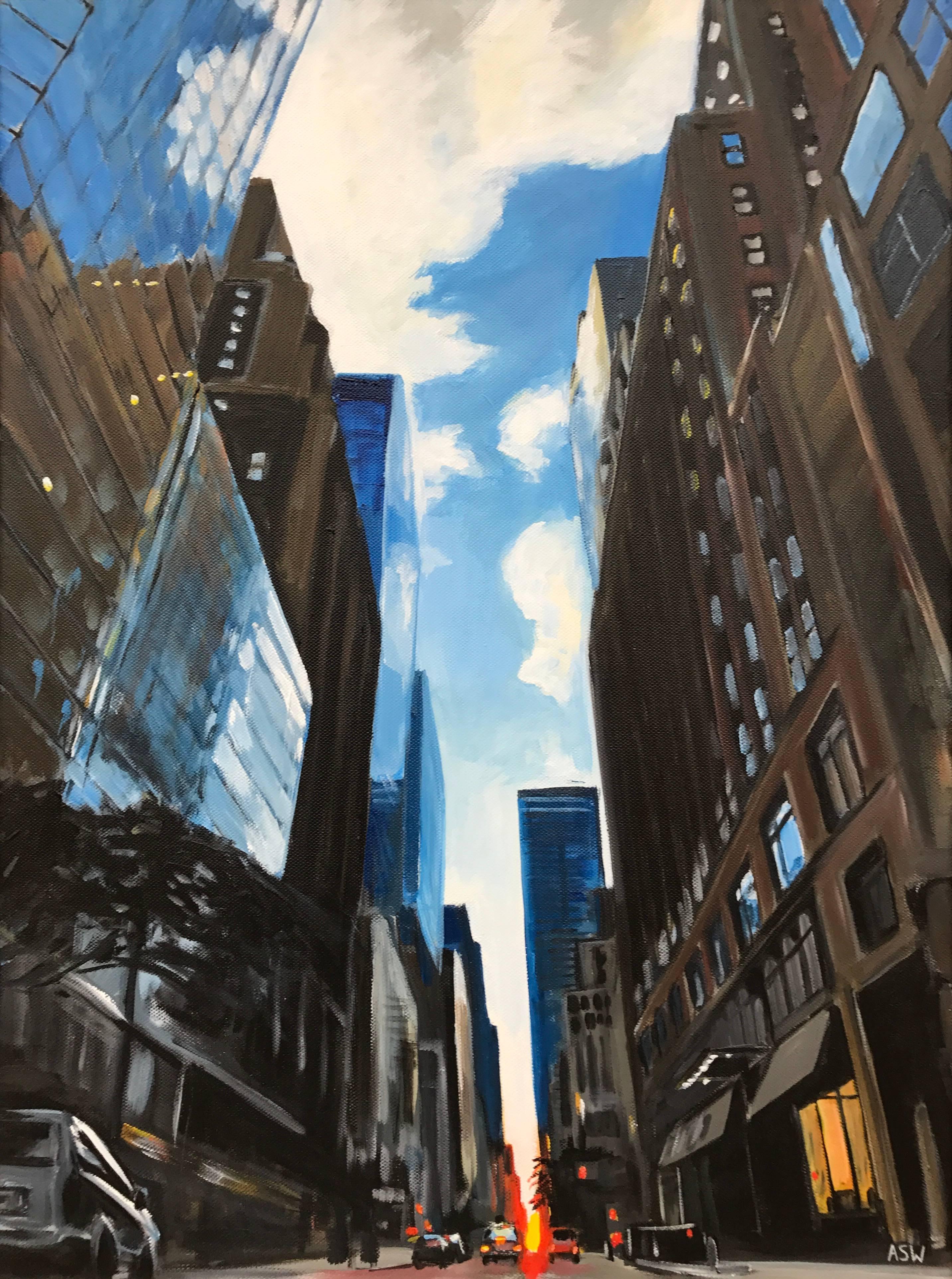 Painting of Summer Sunset in New York City by Leading British Urban Artist UK. This unique original illustrates the magnitude of the architecture of New York by virtue of a unique perspective from street level. Angela Wakefield has twice been on the