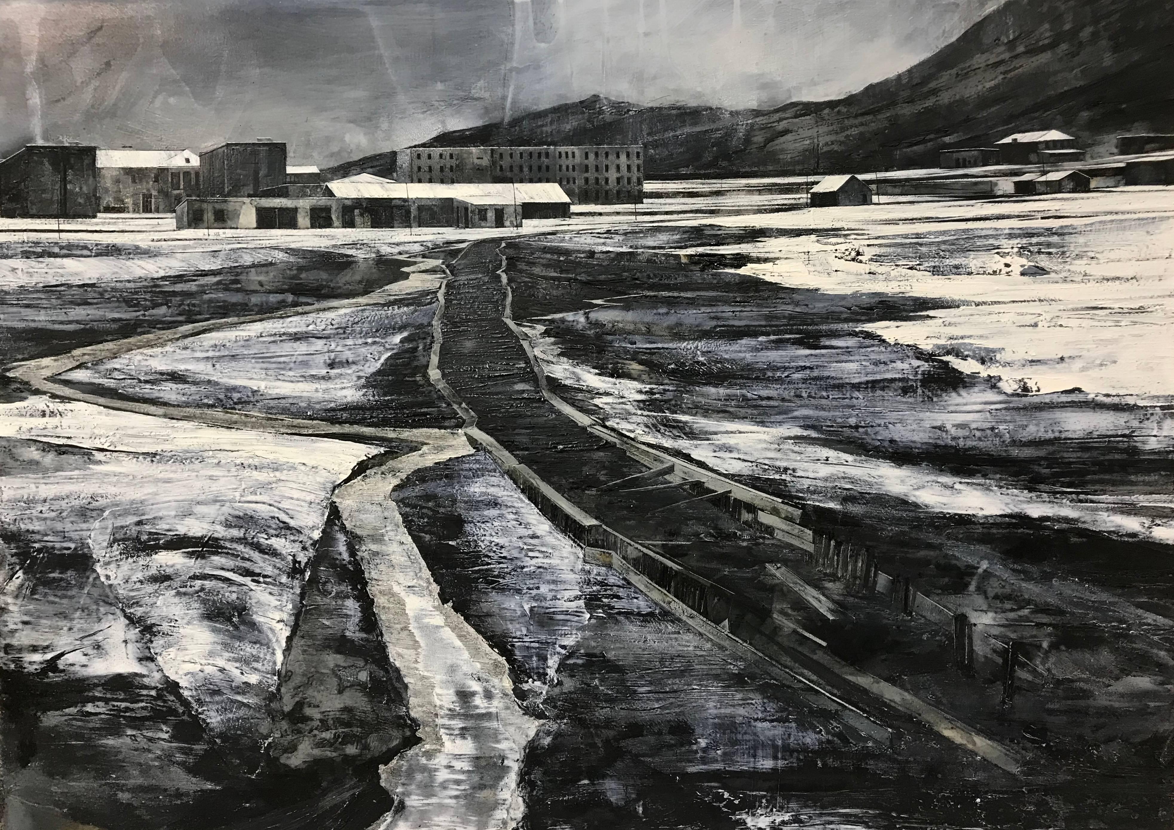 Landscape Painting Mark Thompson - Peinture monochrome atmosphérique en noir et blanc d'un paysage abstrait
