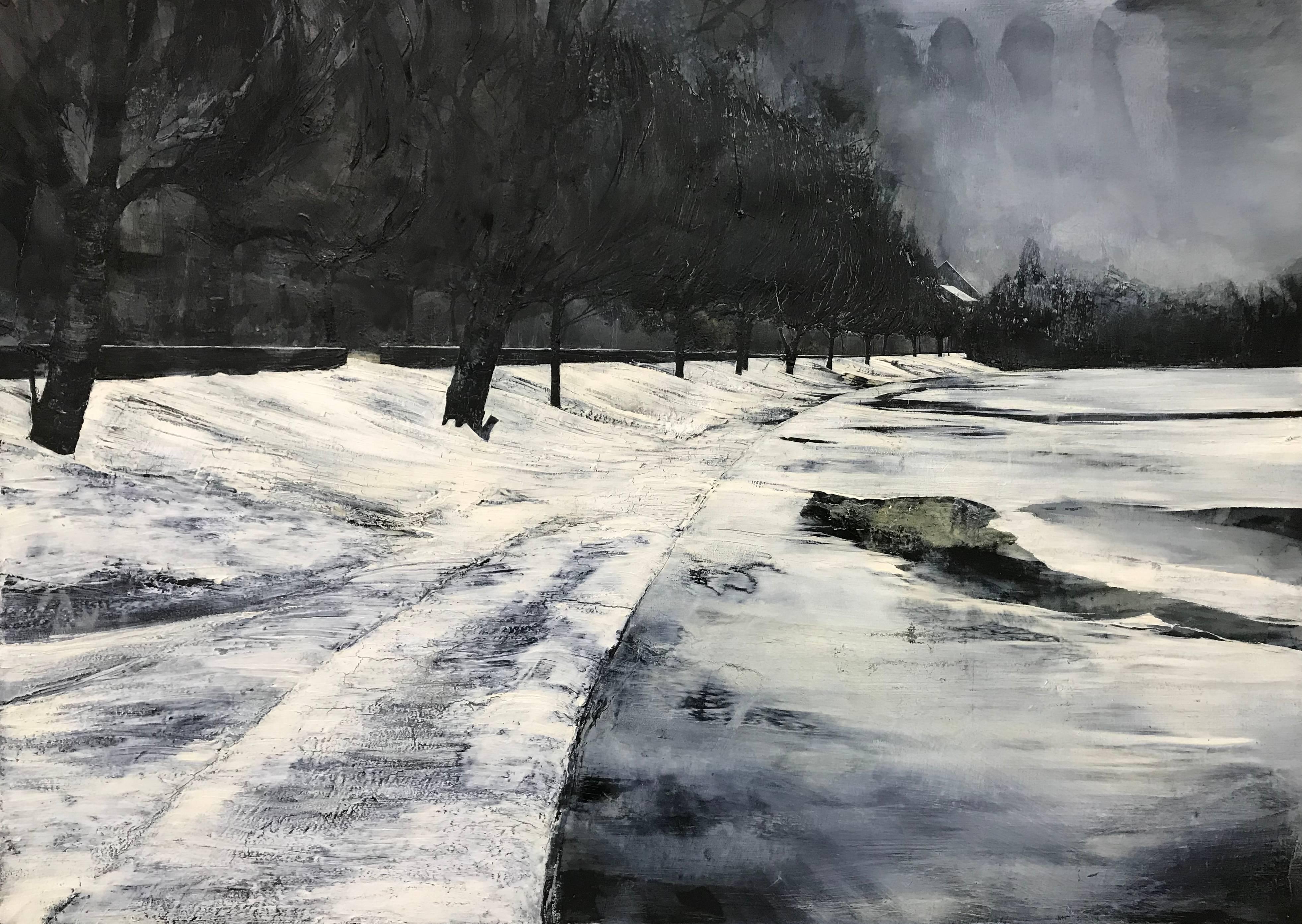 Landscape Painting Mark Thompson - Contemporary Atmospheric Black & White Monochrome Landscape Wilderness Painting (peinture d'ambiance en noir et blanc)