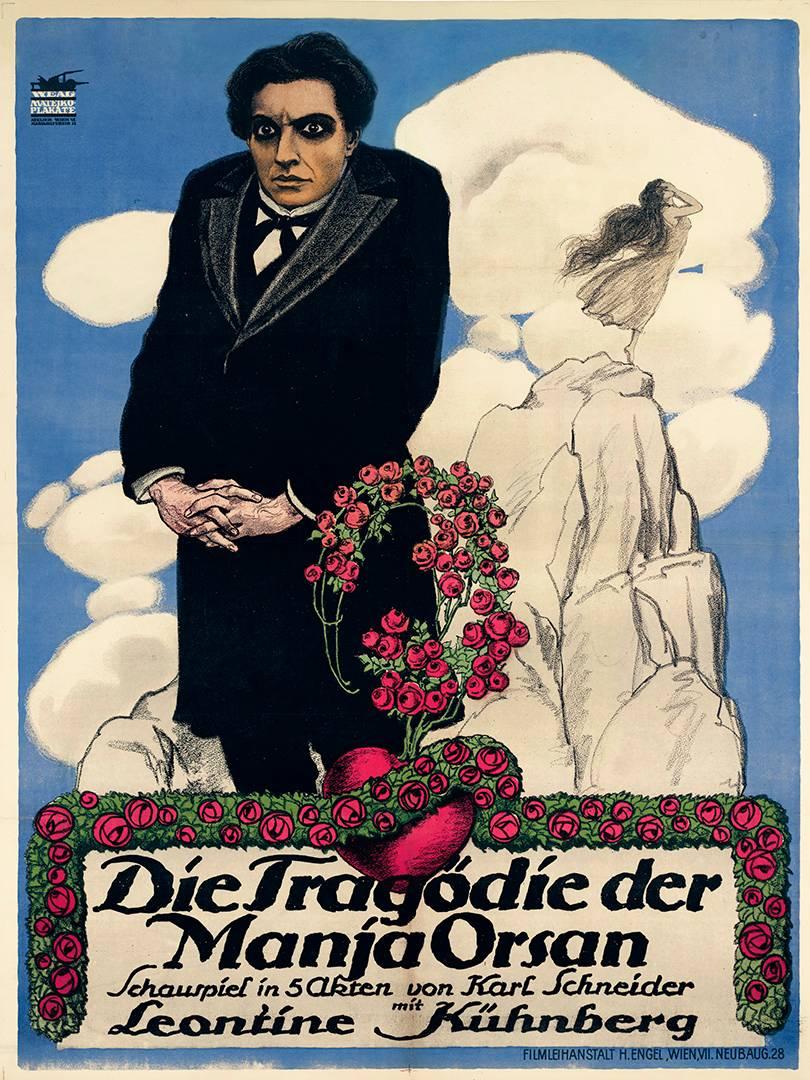 Theo Matejko Figurative Print - Tragedy silent film poster romantic dramatic cinema gothic flowers heart