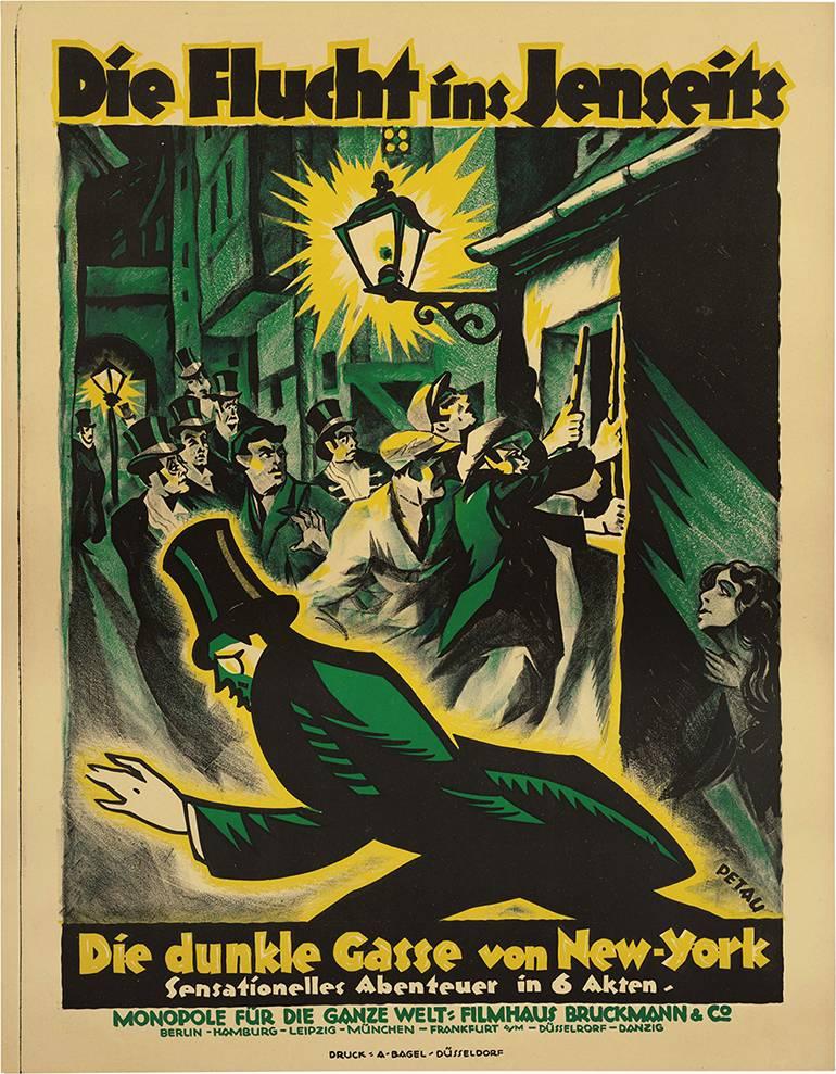 Original Art Deco poster for 1921 German silent film The Flight to the Afterlife or The Dark Alley of New York. The poster features expressionist artwork by German artist Karl Petau.

Die Flucht ins Jenseits oder Die dunkle Gasse von New