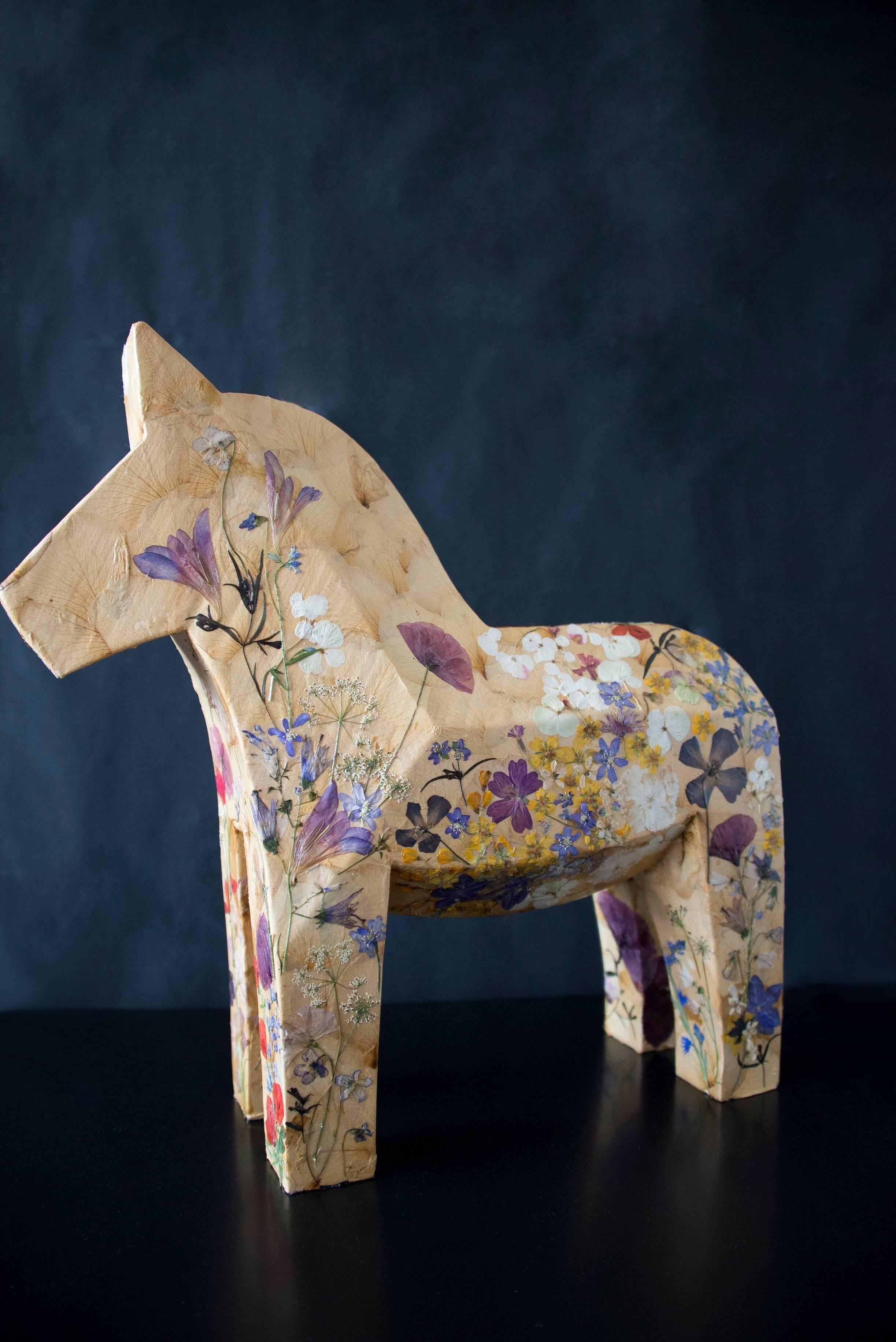 Mille Fiori,  pressed flowers on wood horse  - Brown Still-Life Sculpture by K-OD
