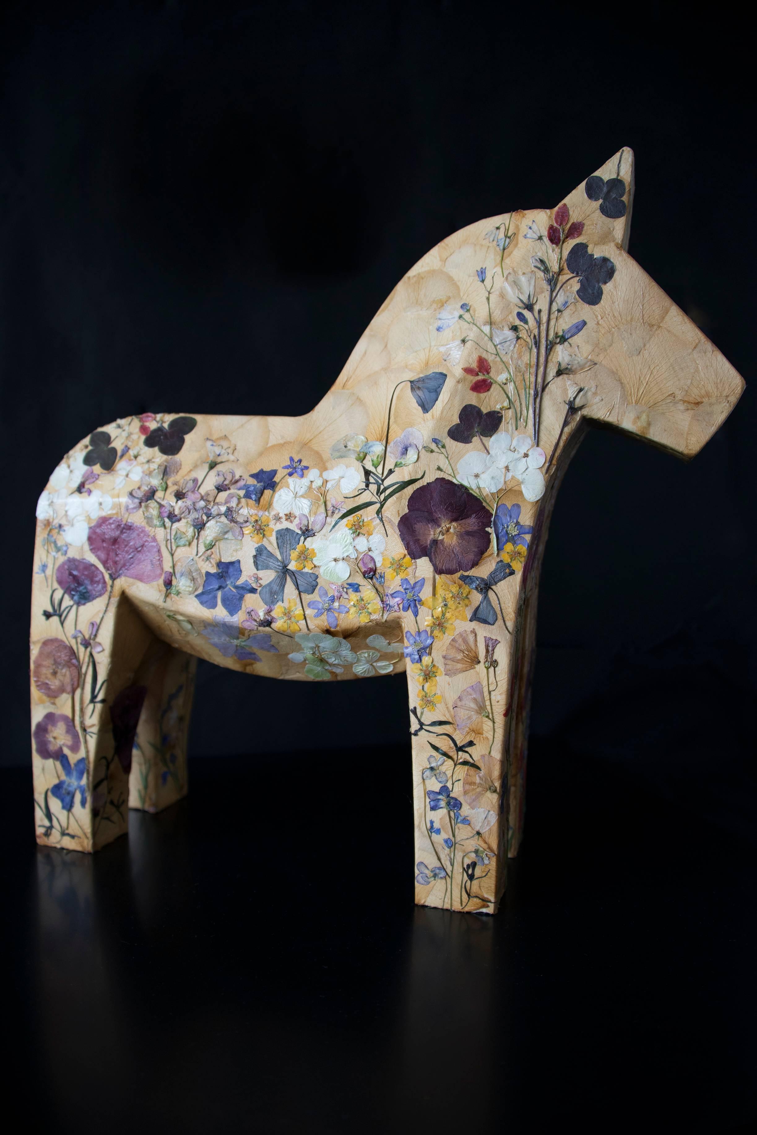 K-OD Still-Life Sculpture - Mille Fiori,  pressed flowers on wood horse 