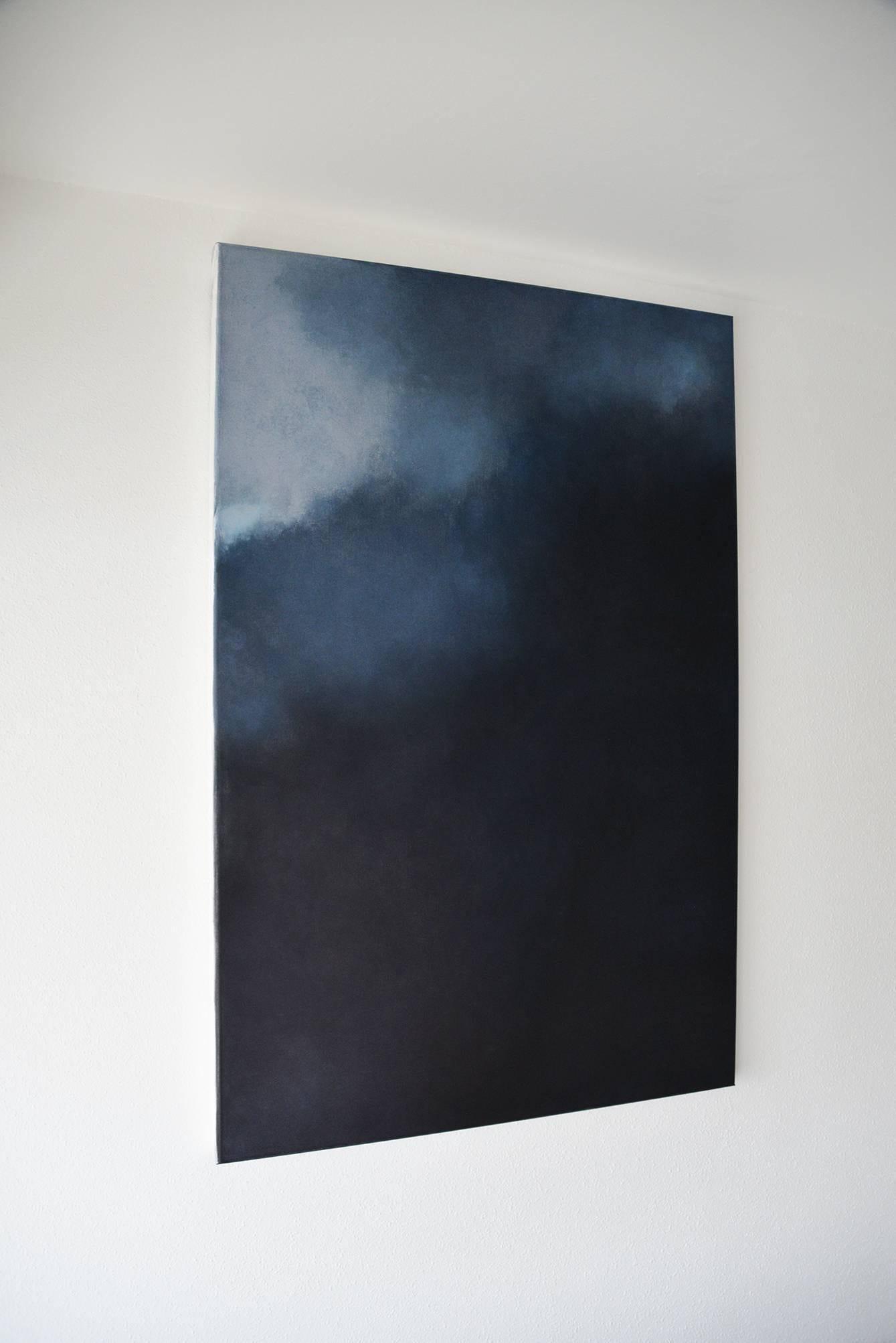 Silence, Dark Blue Grey Abstract Softcolored  - Black Abstract Painting by KC PAILLARD