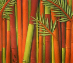 "Vietnam" oil painting on panel, bamboo and bugs, bright colors, by Alan Gerson