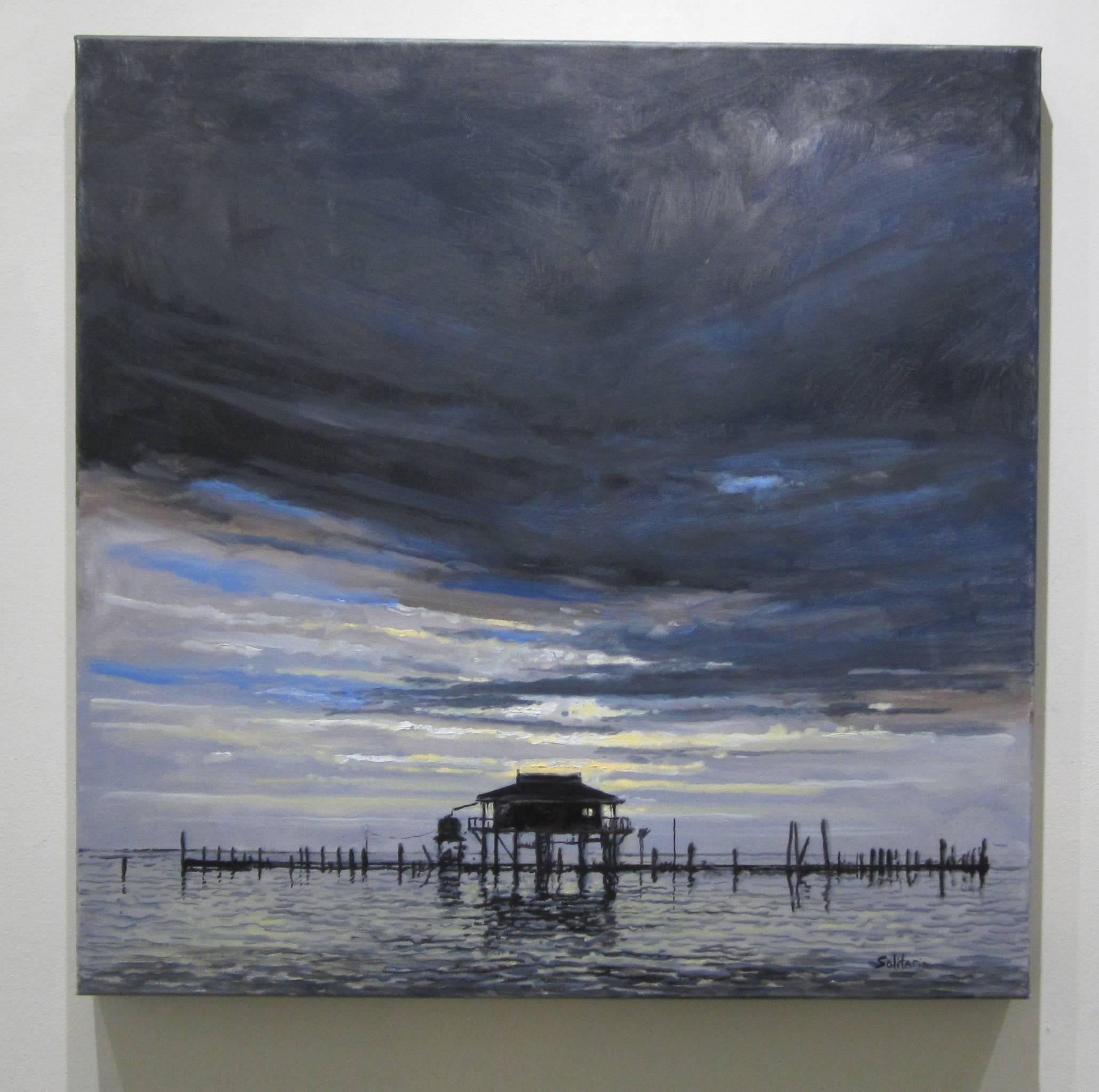 Pilings Like Cypress Knees is an original oil on canvas by Billy Solitario from his latest exhibition Slivers of Land. Slivers of Land explores the waterways of Central Louisiana and the Gulf Coast. In his landscapes Solitario minimizes the human